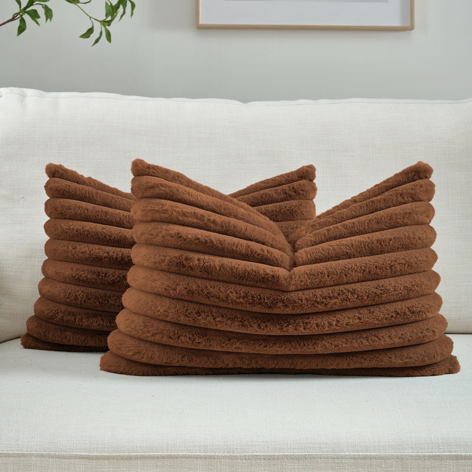 FUTEI Pack of 2 Solid Faux Fur Plush Throw Pillow Covers 18x18 Inch Soft Fluffy Striped Decorative Cushion Cases Modern Farmhouse Accent for Couch Bed Living Room, Cream White
