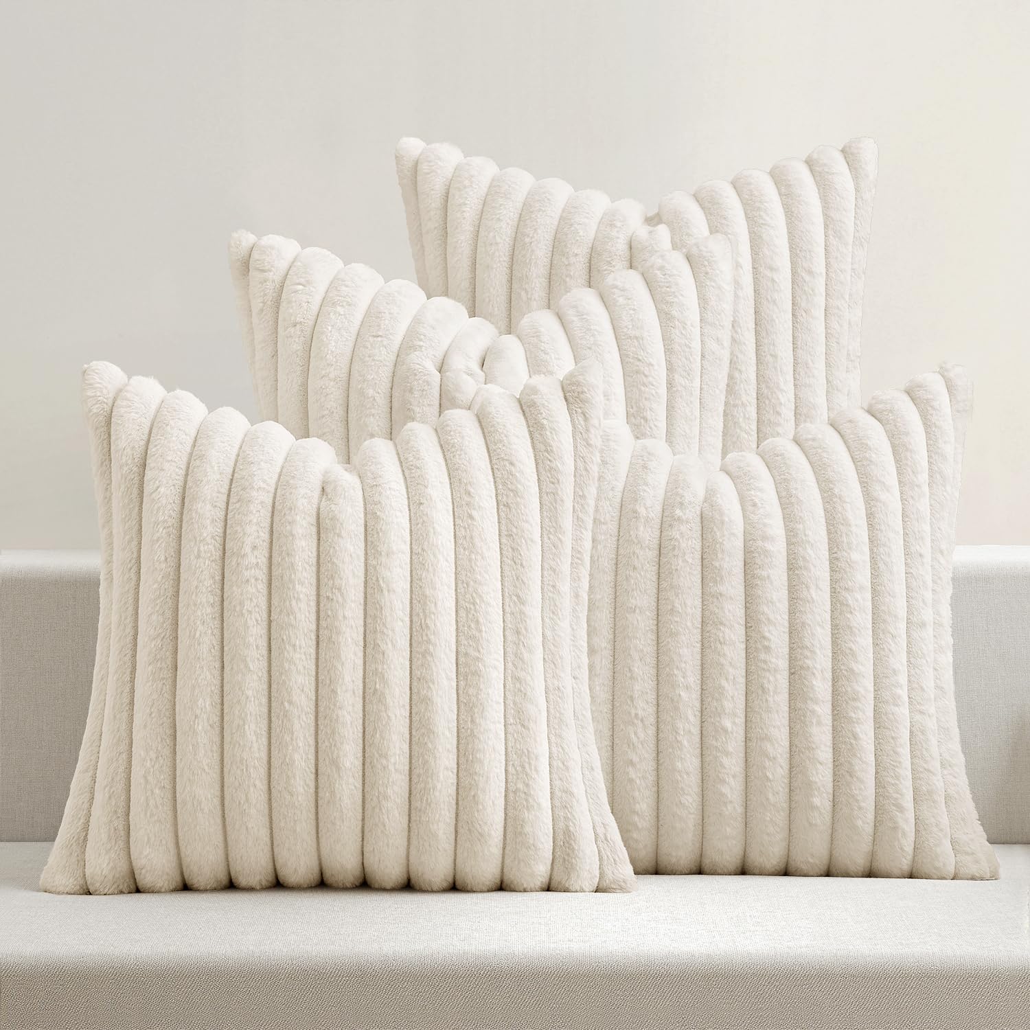 MIULEE Faux Fur Plush Decorative Throw Pillow Covers 18x18 Set of 4, Summer Modern Soft Fuzzy Coastal Striped Cushion Covers for Sofa Couch Bed Living Room Cozy Home Decor,Navy Blue