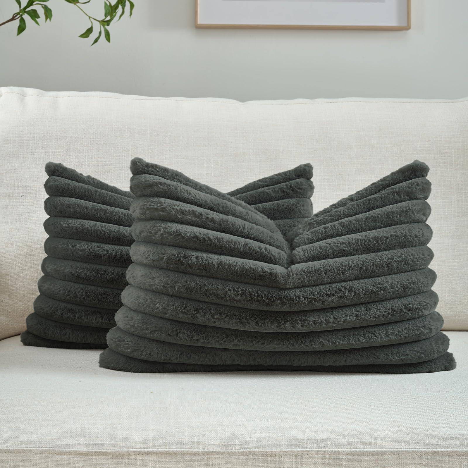 FUTEI Pack of 2 Solid Faux Fur Plush Throw Pillow Covers 18x18 Inch Soft Fluffy Striped Decorative Cushion Cases Modern Farmhouse Accent for Couch Bed Living Room, Cream White