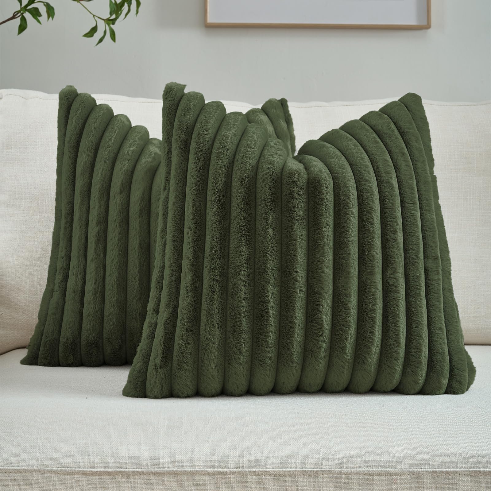 FUTEI Pack of 2 Solid Faux Fur Plush Throw Pillow Covers 18x18 Inch Soft Fluffy Striped Decorative Cushion Cases Modern Farmhouse Accent for Couch Bed Living Room, Cream White