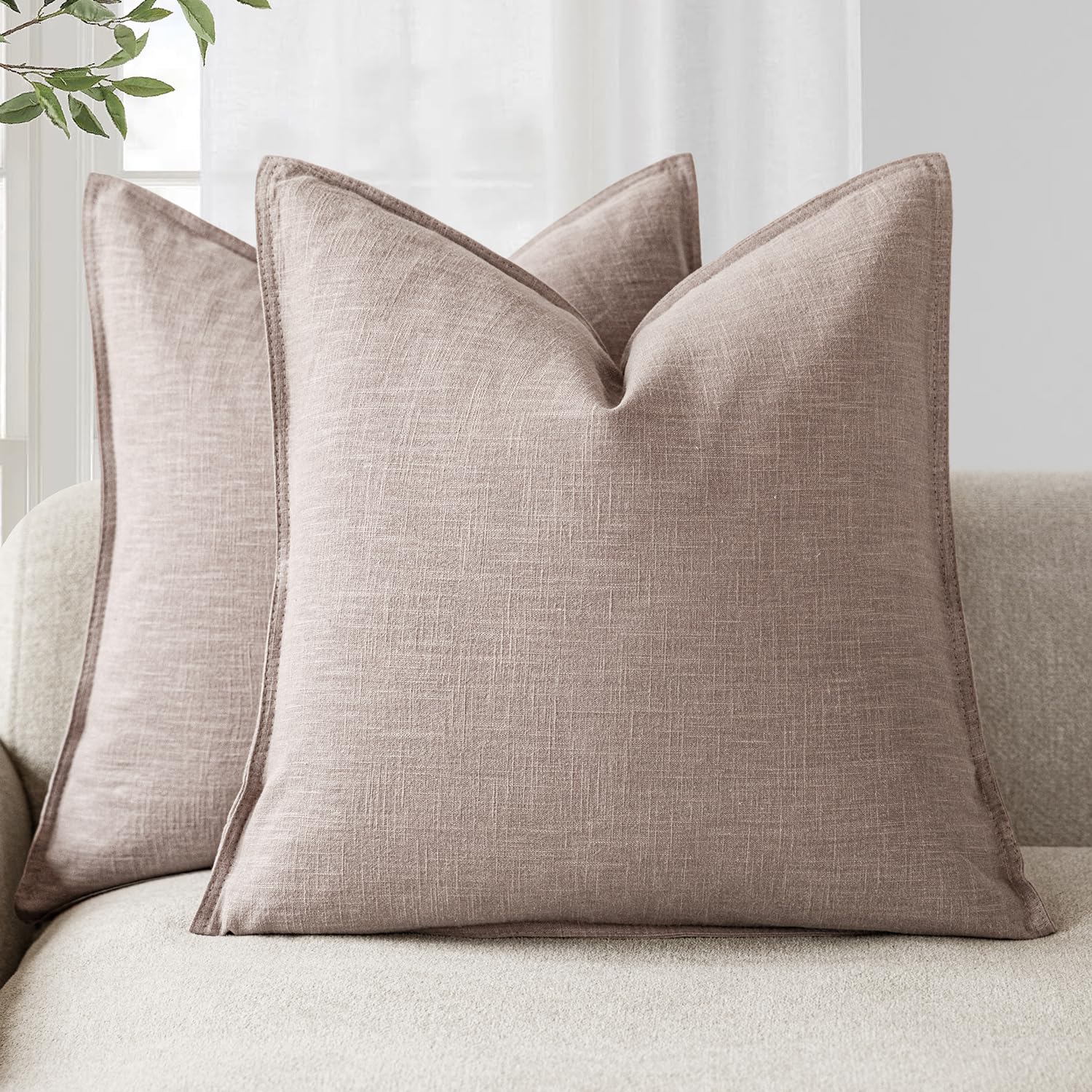 Foindtower Set of 2, Decorative Linen Soild Throw Pillow Covers Soft Accent Cushion Euro Case Boho Farmhouse Pillowcase for Chair Couch Sofa Bedroom Living Room Home Decor 20 x 20 Inch Natural Linen