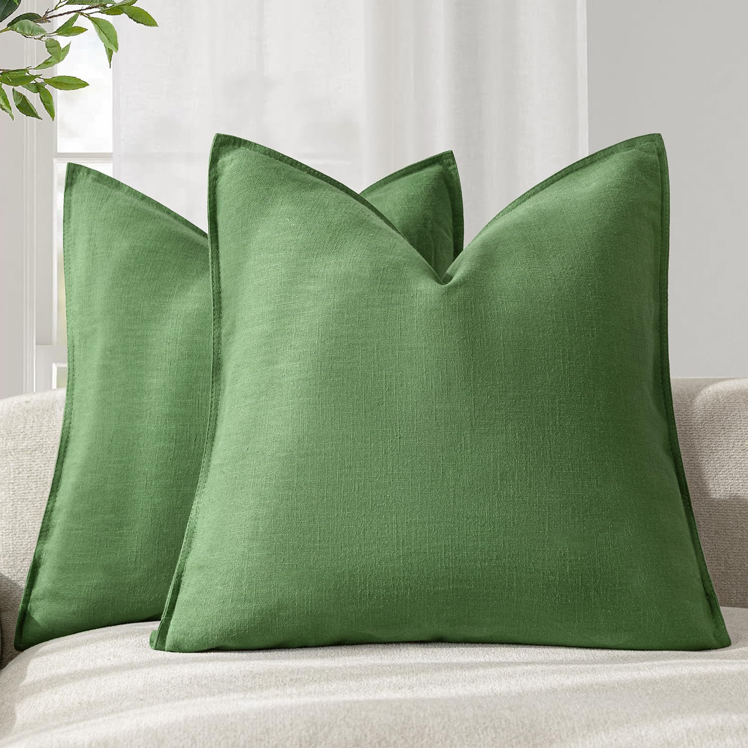 Foindtower Set of 2, Decorative Linen Soild Throw Pillow Covers Soft Accent Cushion Euro Case Boho Farmhouse Pillowcase for Chair Couch Sofa Bedroom Living Room Home Decor 20 x 20 Inch Natural Linen