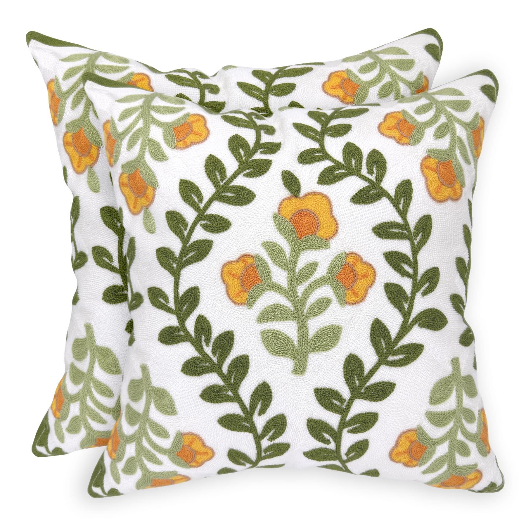 Alysheer Spring Floral Embroidered Decorative Throw Pillow Covers 18"x 18" Set of 2, Farmhouse Navy Blue Flowers Green Leaves Tufted Patterned Cotton Cushion Cases for Couch Bed Living Room Decor