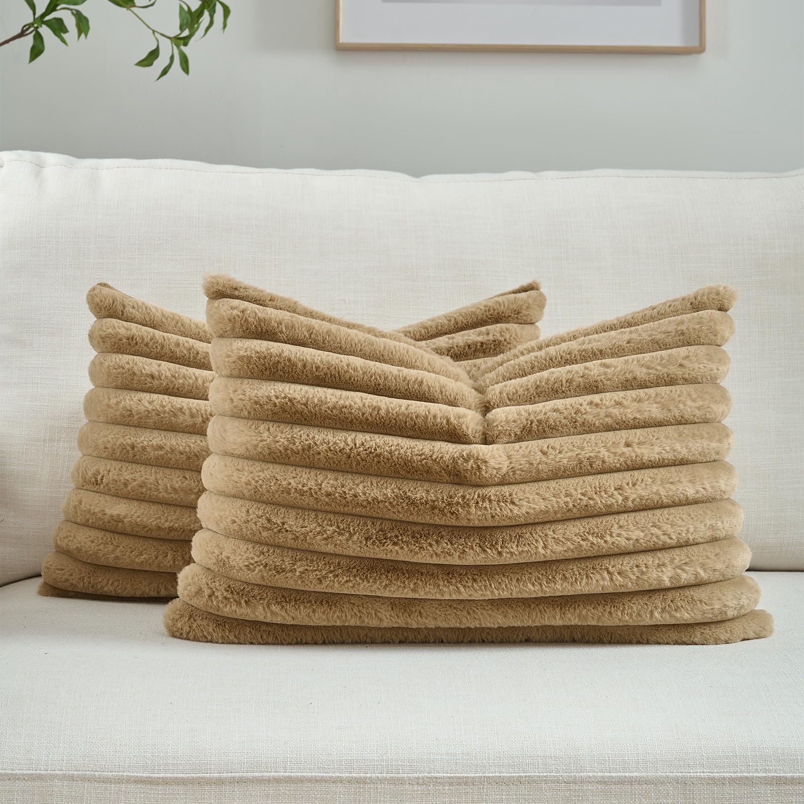 FUTEI Pack of 2 Solid Faux Fur Plush Throw Pillow Covers 18x18 Inch Soft Fluffy Striped Decorative Cushion Cases Modern Farmhouse Accent for Couch Bed Living Room, Cream White