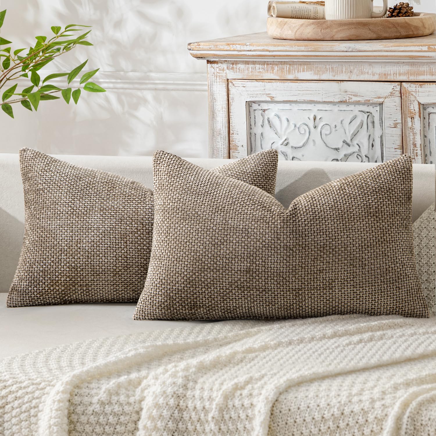 MIULEE Pack of 2 Couch Throw Pillow Covers 18x18 Inch Neutral Beige Modern Boho Accent Decorative Pillow Covers Soft Chenille Farmhouse Cushion Covers for Home Decor Bed Sofa Living Room