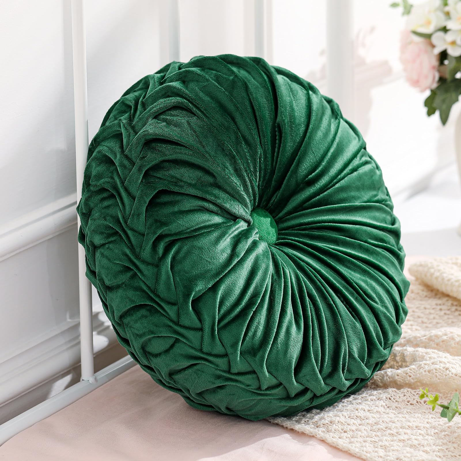 Drydiet 1 Pcs Round Throw Velvet Pillows Decorative Pleated Throw Pillows 15'' Diameter Accent Pumpkin Boho Chair Cushion for Couch Sofa Home Decoration (Olive Green)