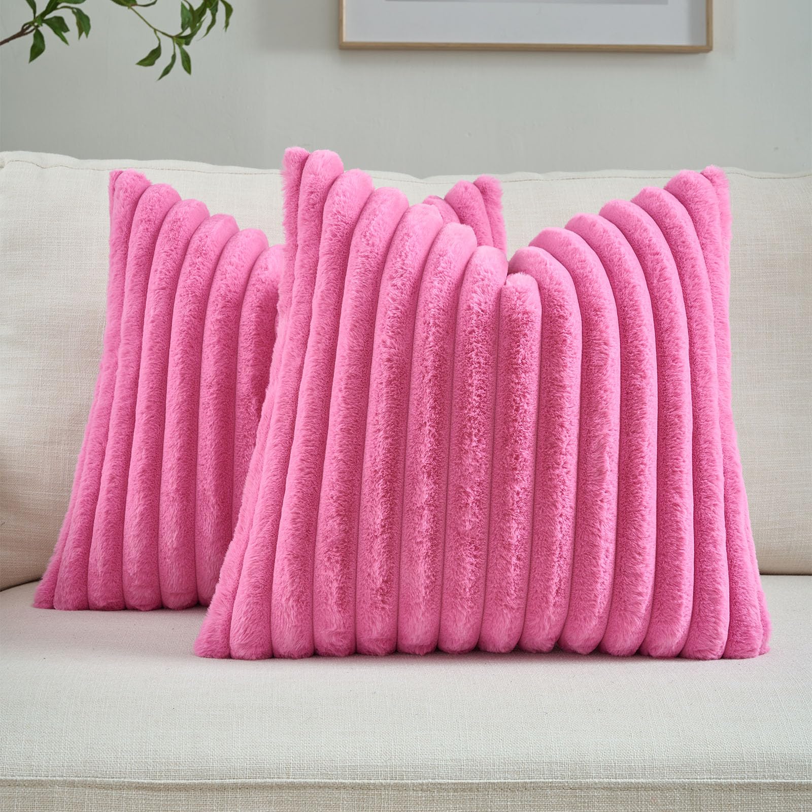 FUTEI Pack of 2 Solid Faux Fur Plush Throw Pillow Covers 18x18 Inch Soft Fluffy Striped Decorative Cushion Cases Modern Farmhouse Accent for Couch Bed Living Room, Cream White