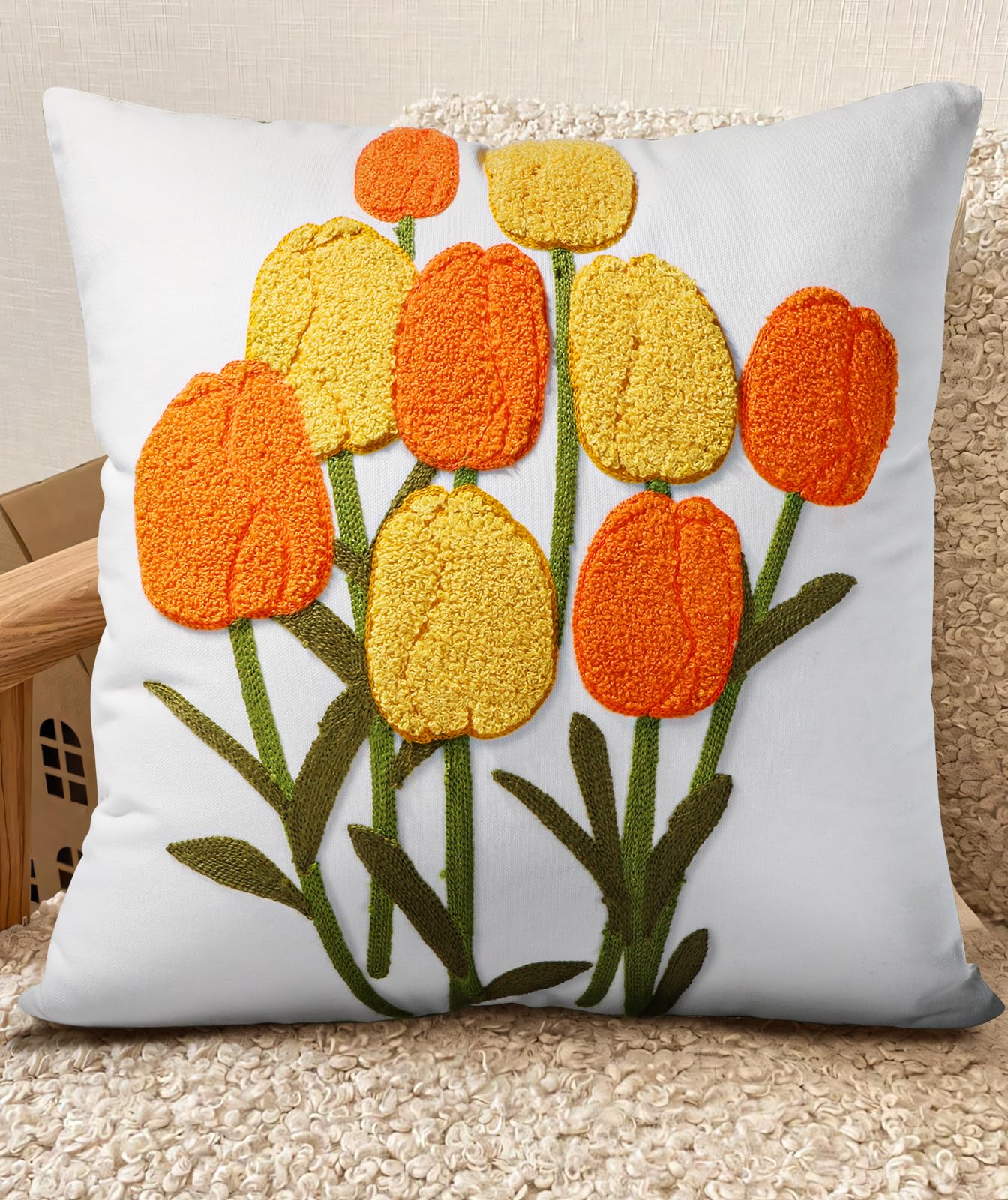 Embroidered Throw Pillow Cover - 18x18 Decorative Pillow Cover with Zipper Aesthetic Cute Design Boho Spring Summer Cozy Throw Pillowcase for Living Room Couch Sofa Bed, Plants