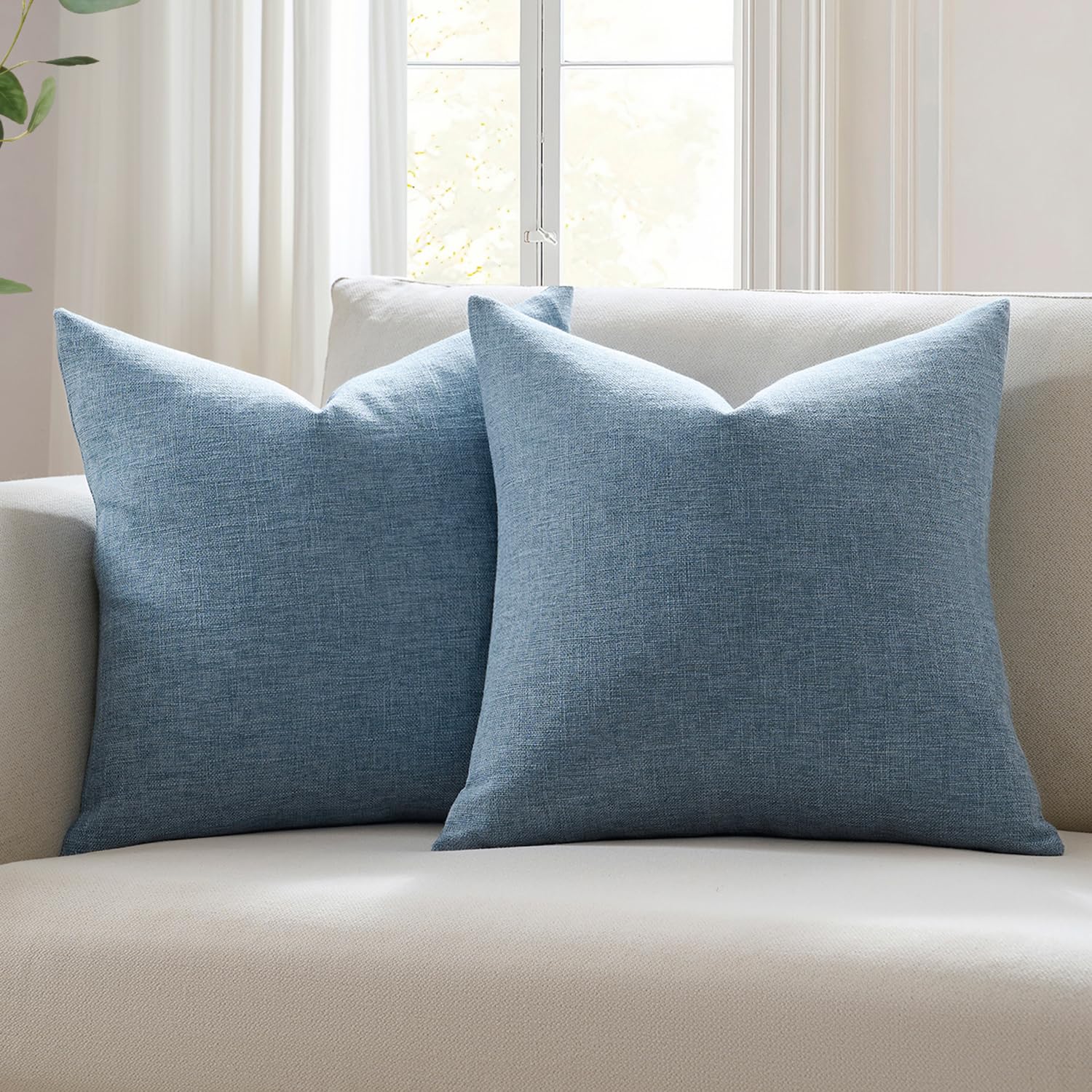 Meekio Set of 2 Ivory Throw Pillow Covers 22x22, Modern Farmhouse Linen Blend Decorative Pillow Covers for Couch Sofa Bed, Neutral Home Decor