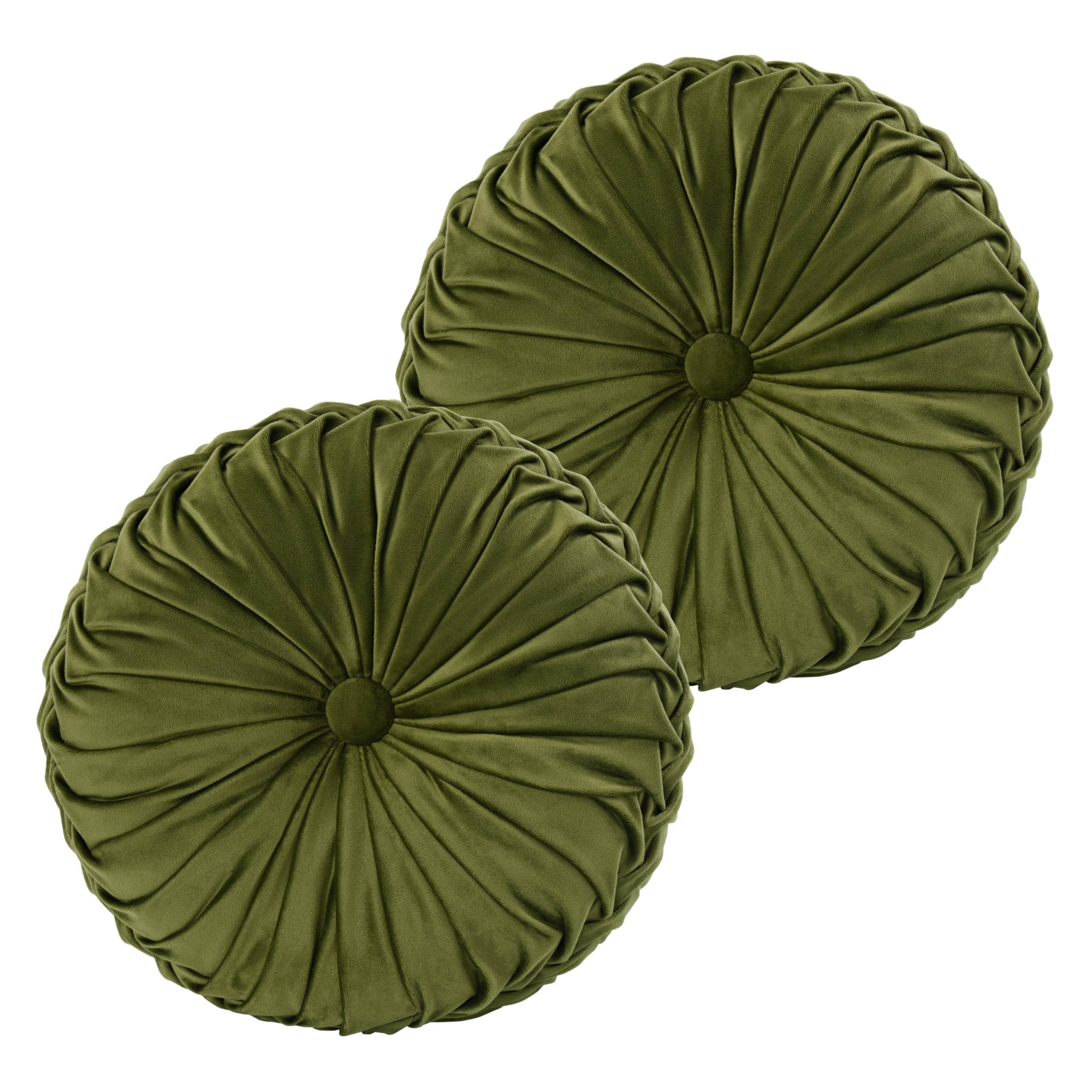 HIG Set of 2 Yellow Ruched Velvet Round Throw Pillows – 14.5’’ Decorative Pillows with Soft Polyester Filling for Couch, Bed, Living Room, Bedroom, or Dorm – Handmade, Stress Relieving, All-Season