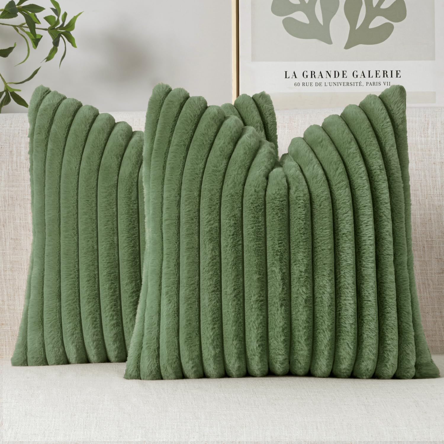 MIULEE Faux Fur Decorative Throw Pillow Covers 18x18 Inch Set of 2, Modern Spring Home Decor Soft Plush Couch Pillows Cozy Fluffy Cushion Covers for Sofa Bed Sage Green