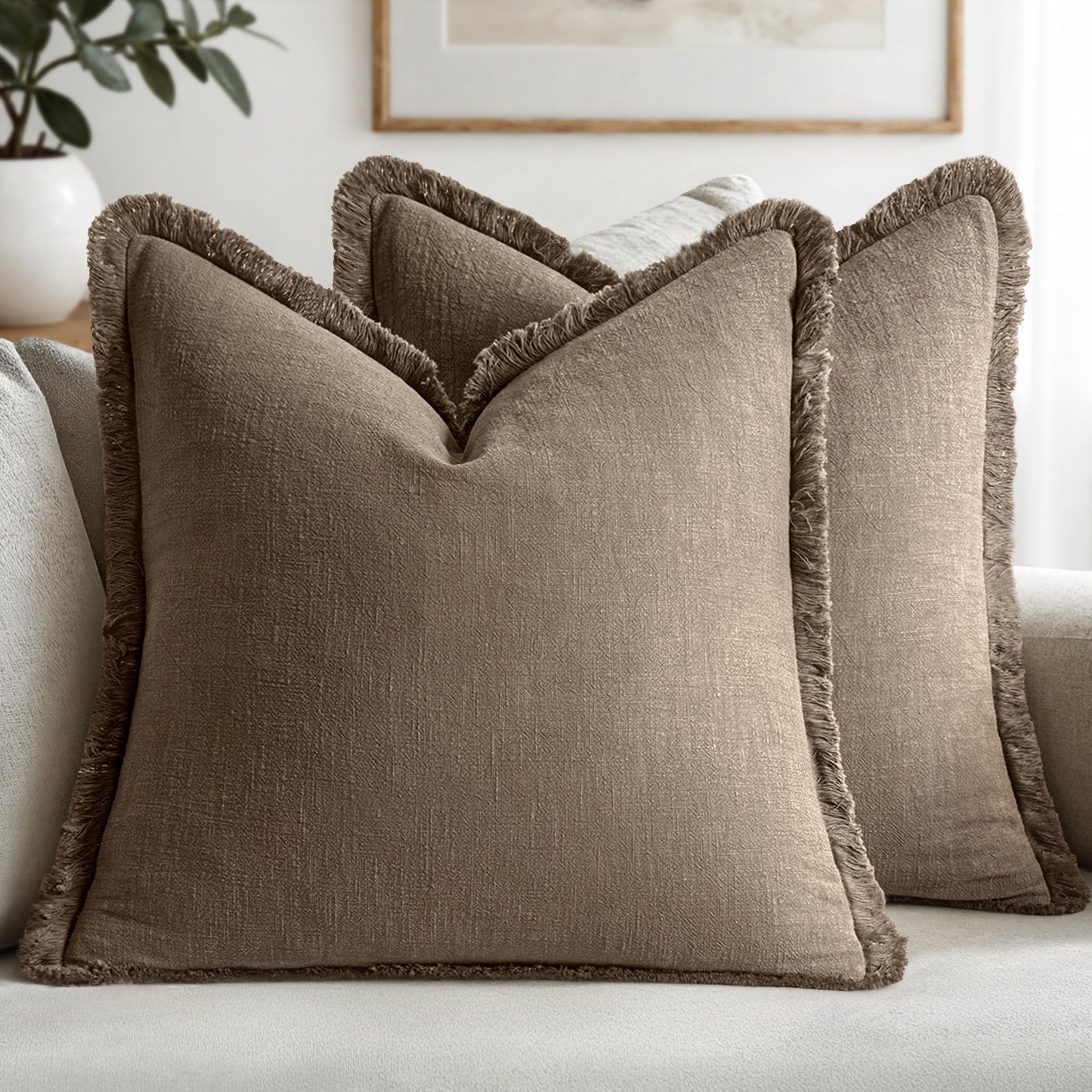 MIULEE Decorative Throw Pillow Covers Neutral Linen Fringe Throw Pillows Set of 2 Natural Beige Boho Farmhouse Cushion Covers with Tassels for Couch Sofa Bed Spring Home Decor 20x20 Inch