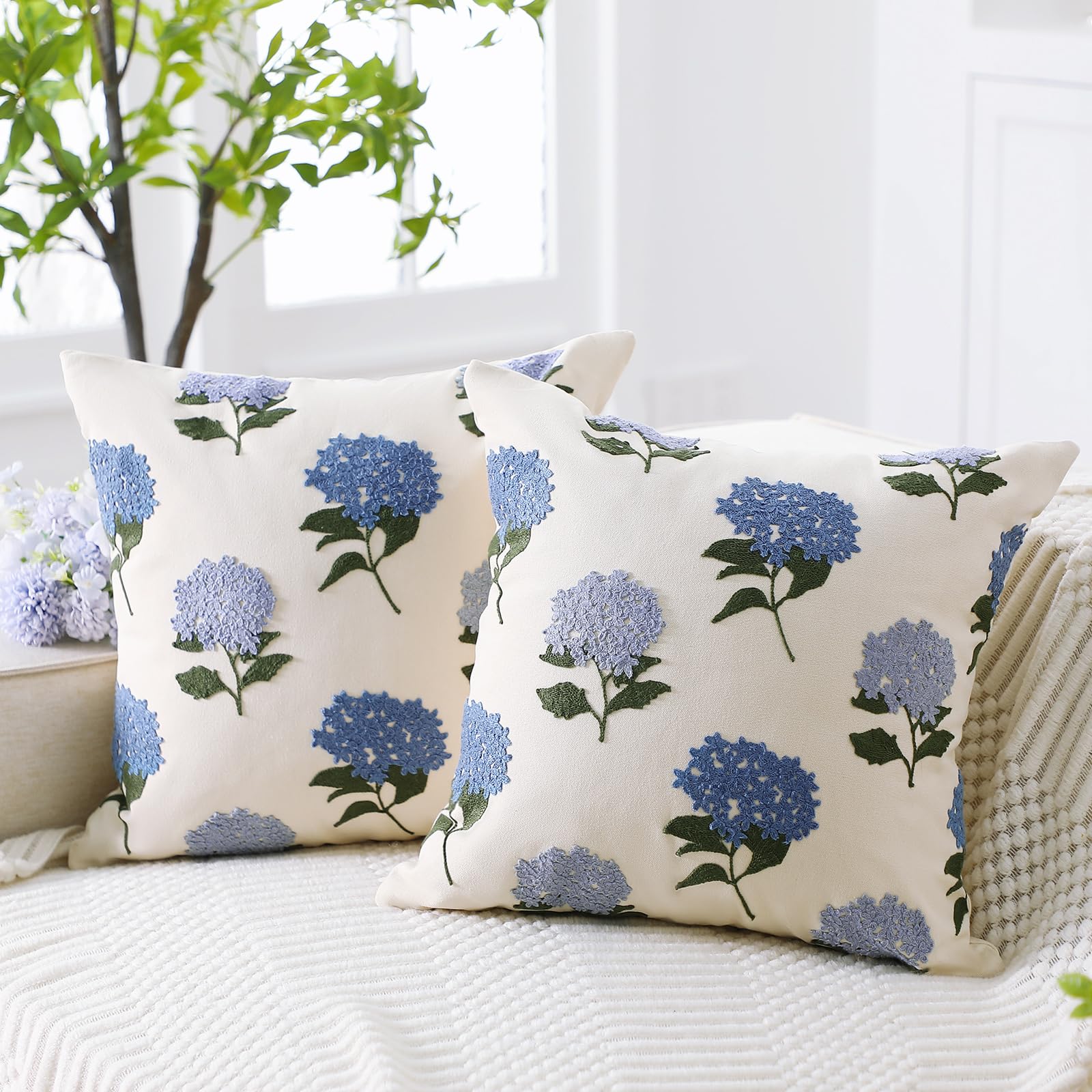 FuWeave 2 Pcs Boho Floral Embroidered Decorative Throw Pillow Covers with Zipper 18 x 18 Inch Colorful Boho Embroidered Pillow Covers Aesthetic Decor for Couch Sofa Housewarming Gifts