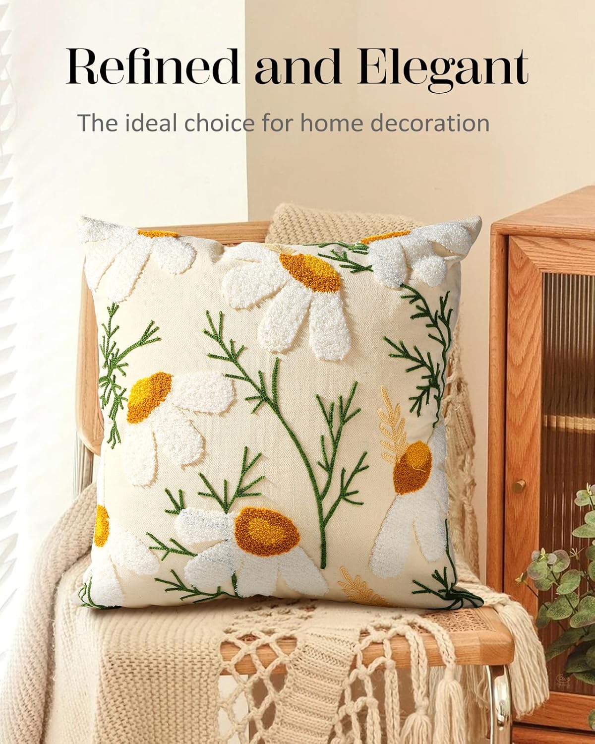 Embroidered Throw Pillow Cover - 18x18 Decorative Pillow Cover with Zipper Aesthetic Cute Design Boho Spring Summer Cozy Throw Pillowcase for Living Room Couch Sofa Bed, White Daisy