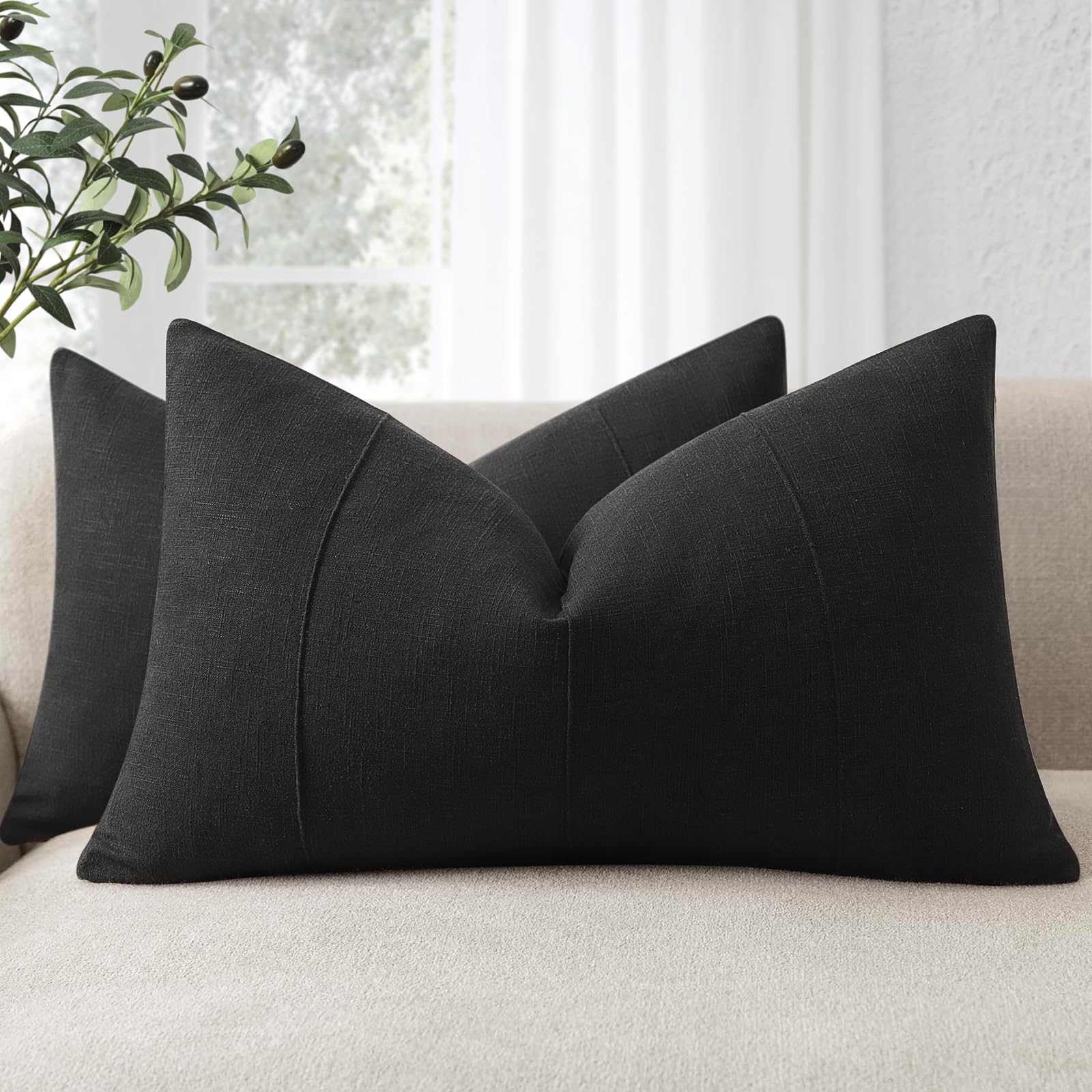 Decorative Linen Throw Pillow Covers 22x22 Set of 2 Solid handcrafted Striped Cushion Covers for Bed Soft Modern Farmhouse Neutral Pillowcase for Couch Bedroom Living Room Home Decor(Cream White)