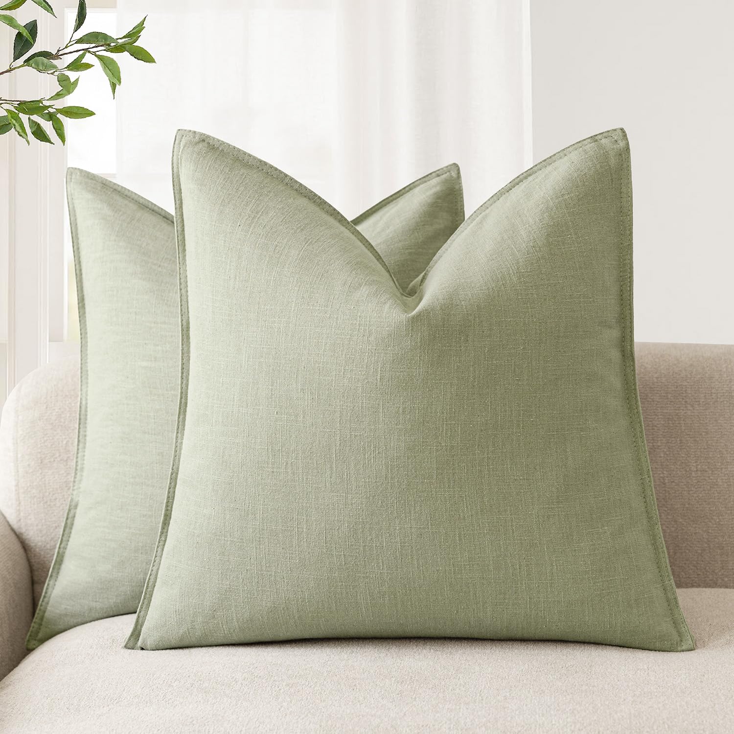 Foindtower Set of 2, Decorative Linen Soild Throw Pillow Covers Soft Accent Cushion Euro Case Boho Farmhouse Pillowcase for Chair Couch Sofa Bedroom Living Room Home Decor 20 x 20 Inch Natural Linen