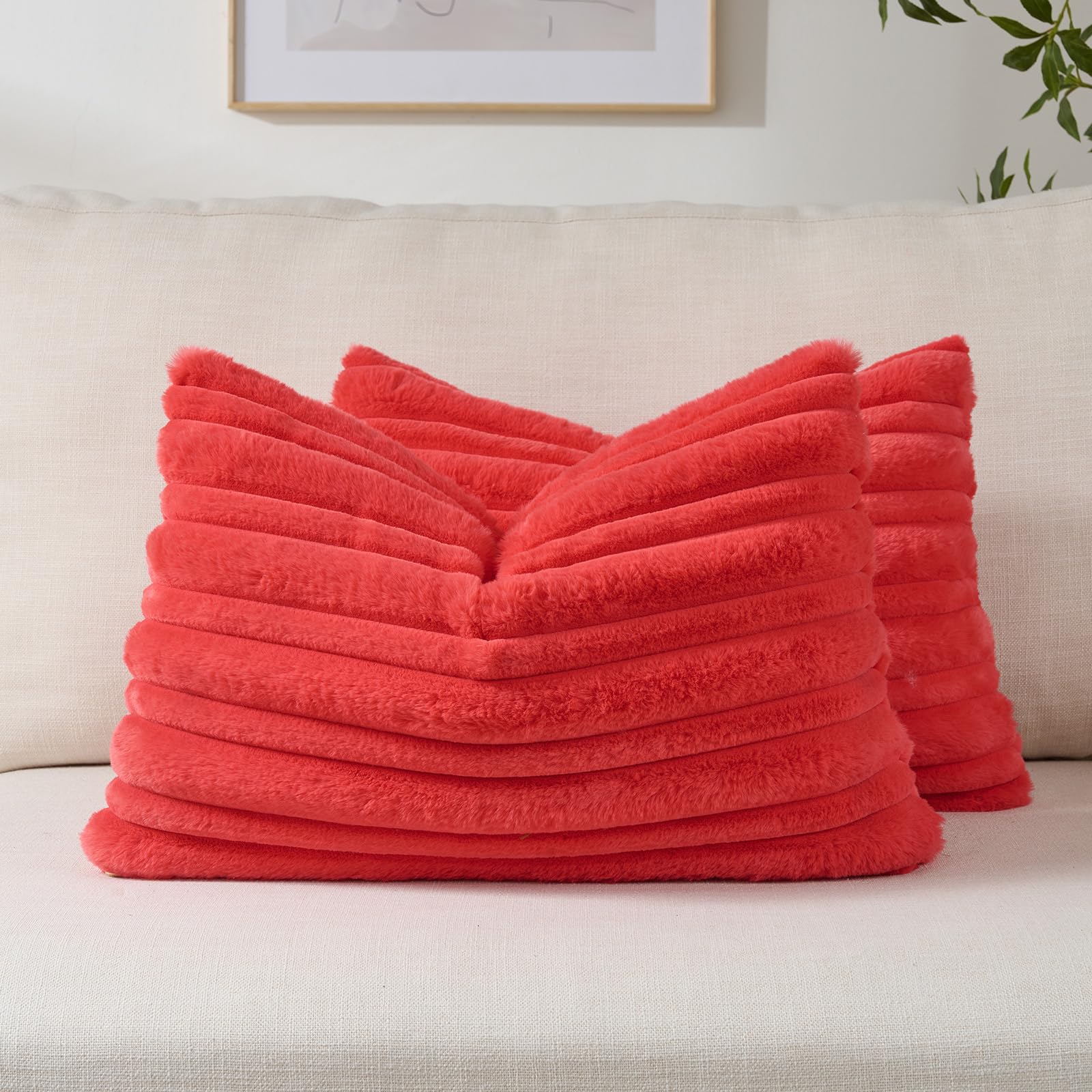 FUTEI Camel Decorative Throw Pillow Covers 18x18 Inch Set of 2,Soft Fluffy Faux Rabbit Fur Thick & Thin Striped Textured Cushion Case,Modern Home Decor for Couch Bed Living Room