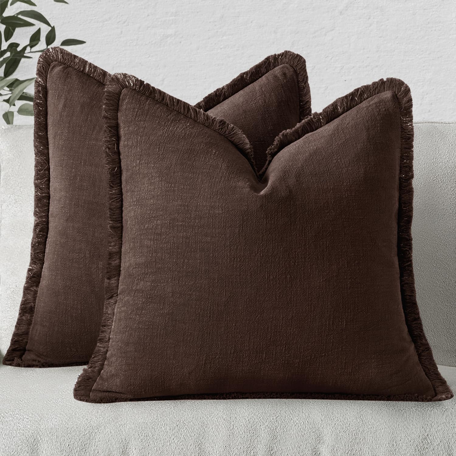 MIULEE Decorative Throw Pillow Covers Neutral Linen Fringe Throw Pillows Set of 2 Natural Beige Boho Farmhouse Cushion Covers with Tassels for Couch Sofa Bed Spring Home Decor 20x20 Inch
