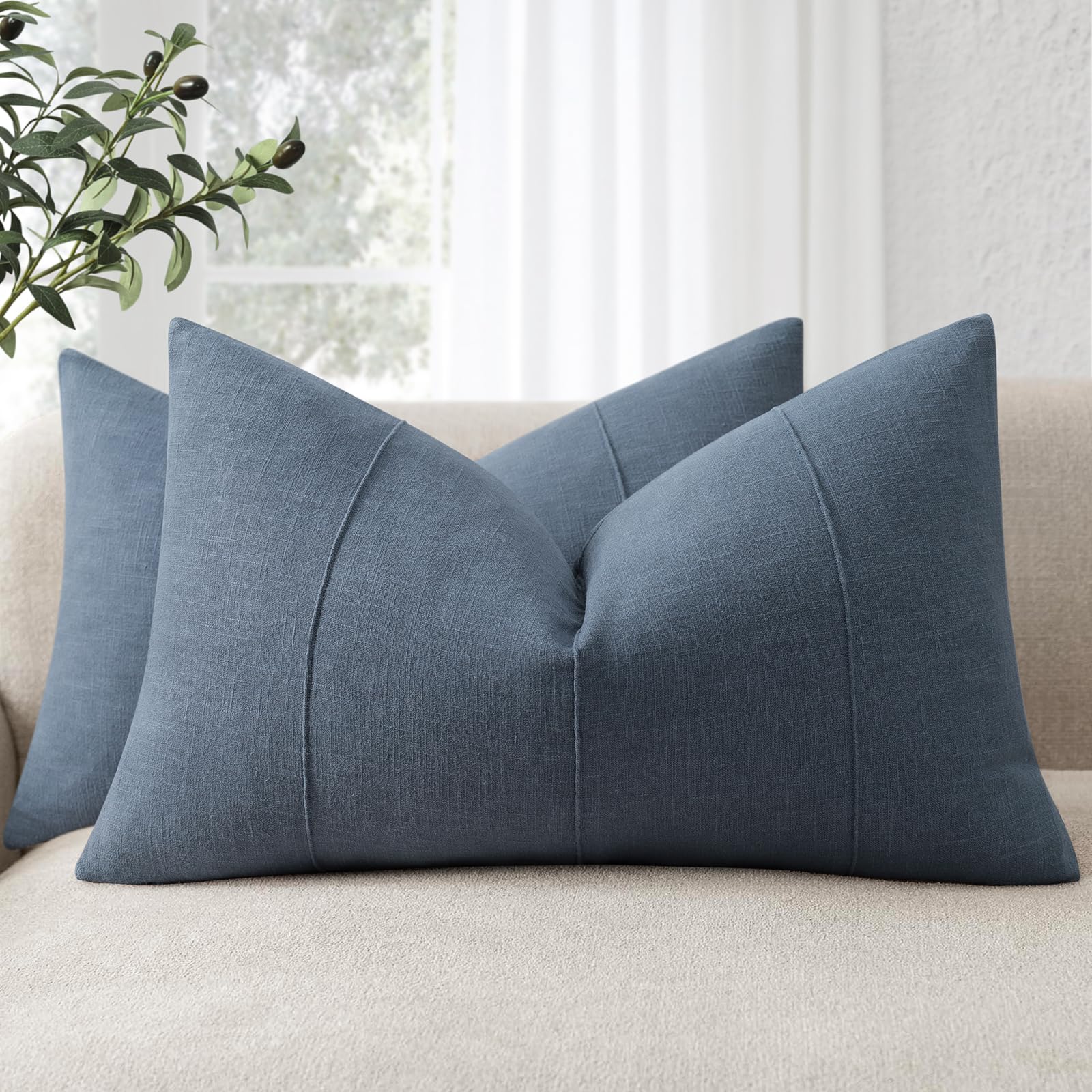 Decorative Linen Throw Pillow Covers 22x22 Set of 2 Solid handcrafted Striped Cushion Covers for Bed Soft Modern Farmhouse Neutral Pillowcase for Couch Bedroom Living Room Home Decor(Cream White)