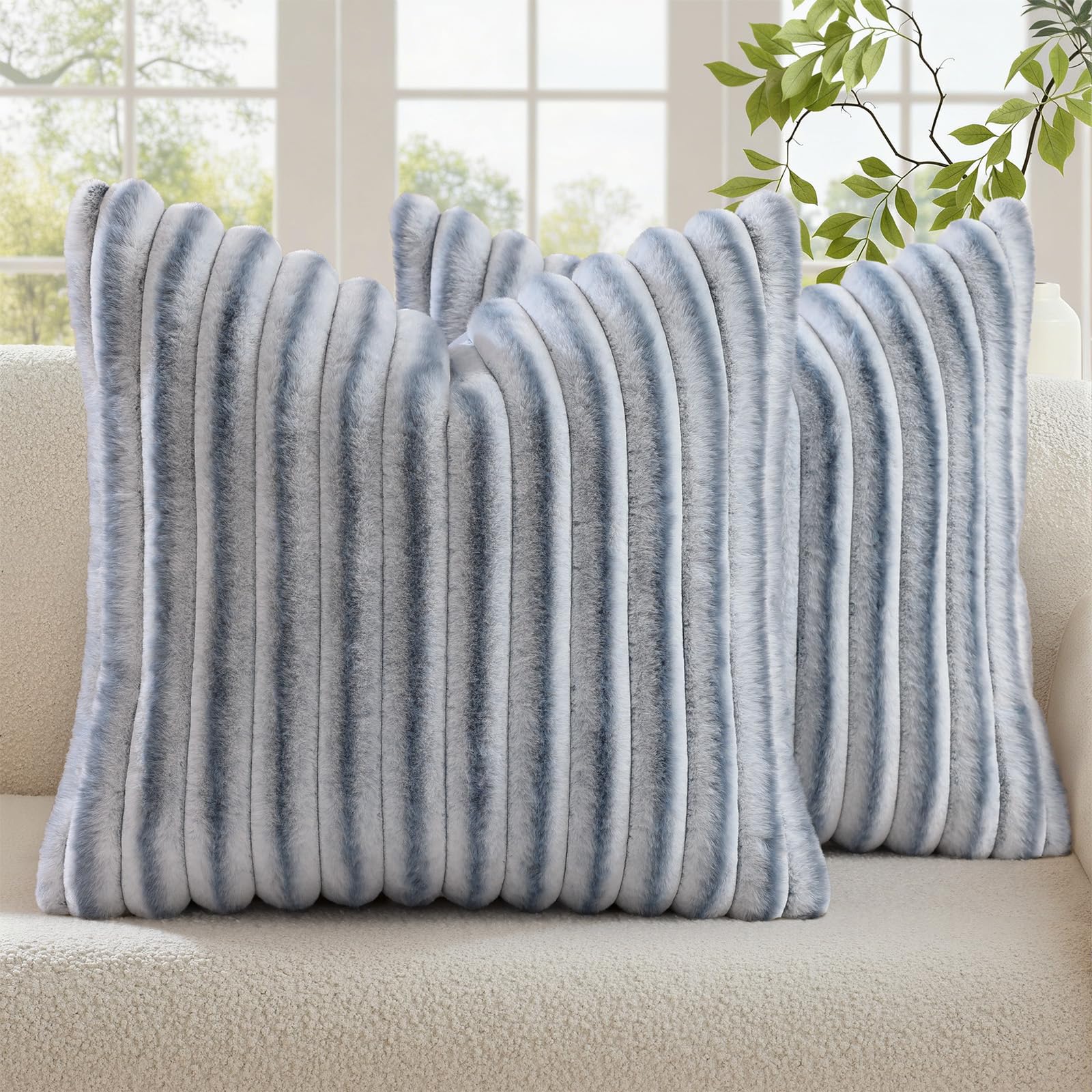decorUhome Summer Cozy Faux Fur Throw Pillow Covers 18x18 Set of 2 Decorative Soft Plush Striped Modern Farmhouse Boho Couch Pillow Cases with Velvet Back for Sofa Bed Living Room, Cream White