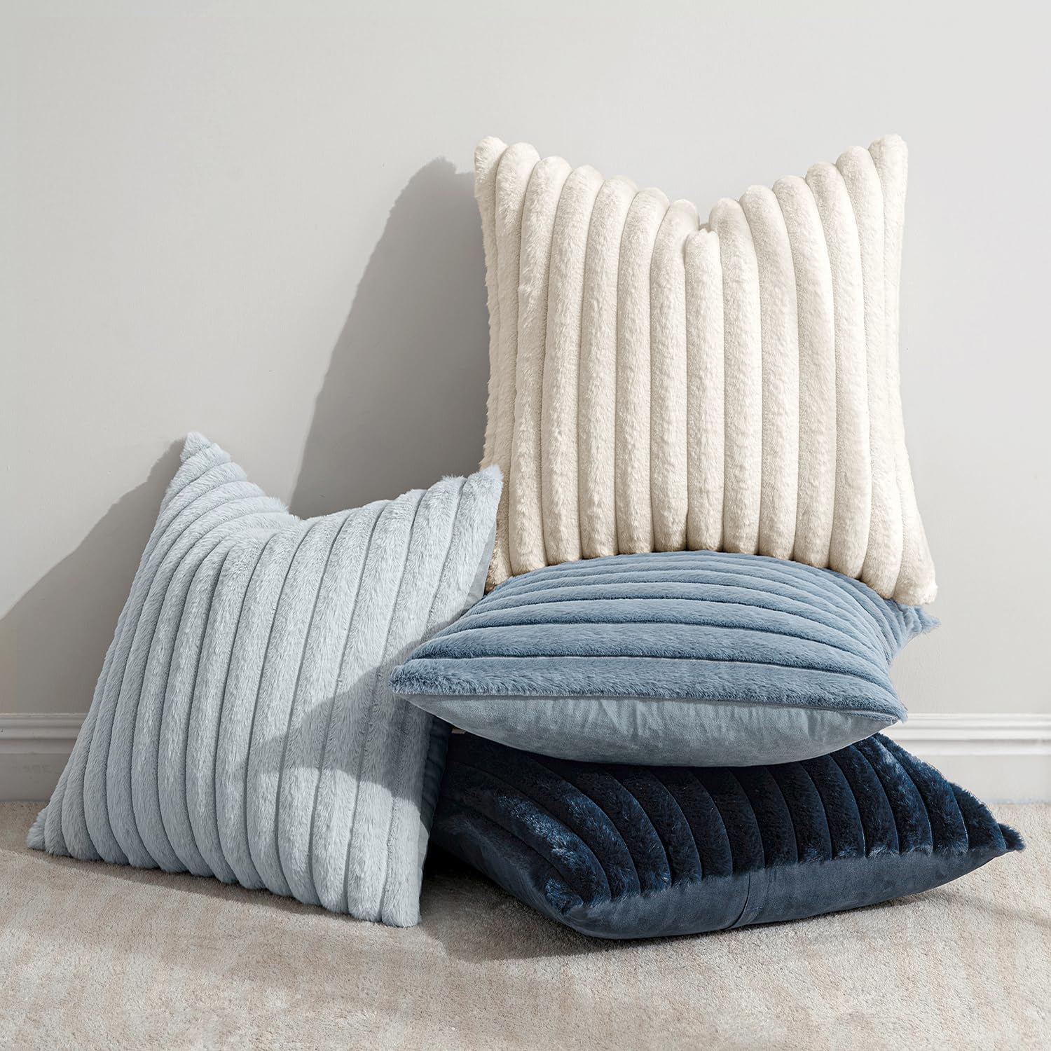MIULEE Faux Fur Plush Decorative Throw Pillow Covers 18x18 Set of 4, Summer Modern Soft Fuzzy Coastal Striped Cushion Covers for Sofa Couch Bed Living Room Cozy Home Decor,Navy Blue