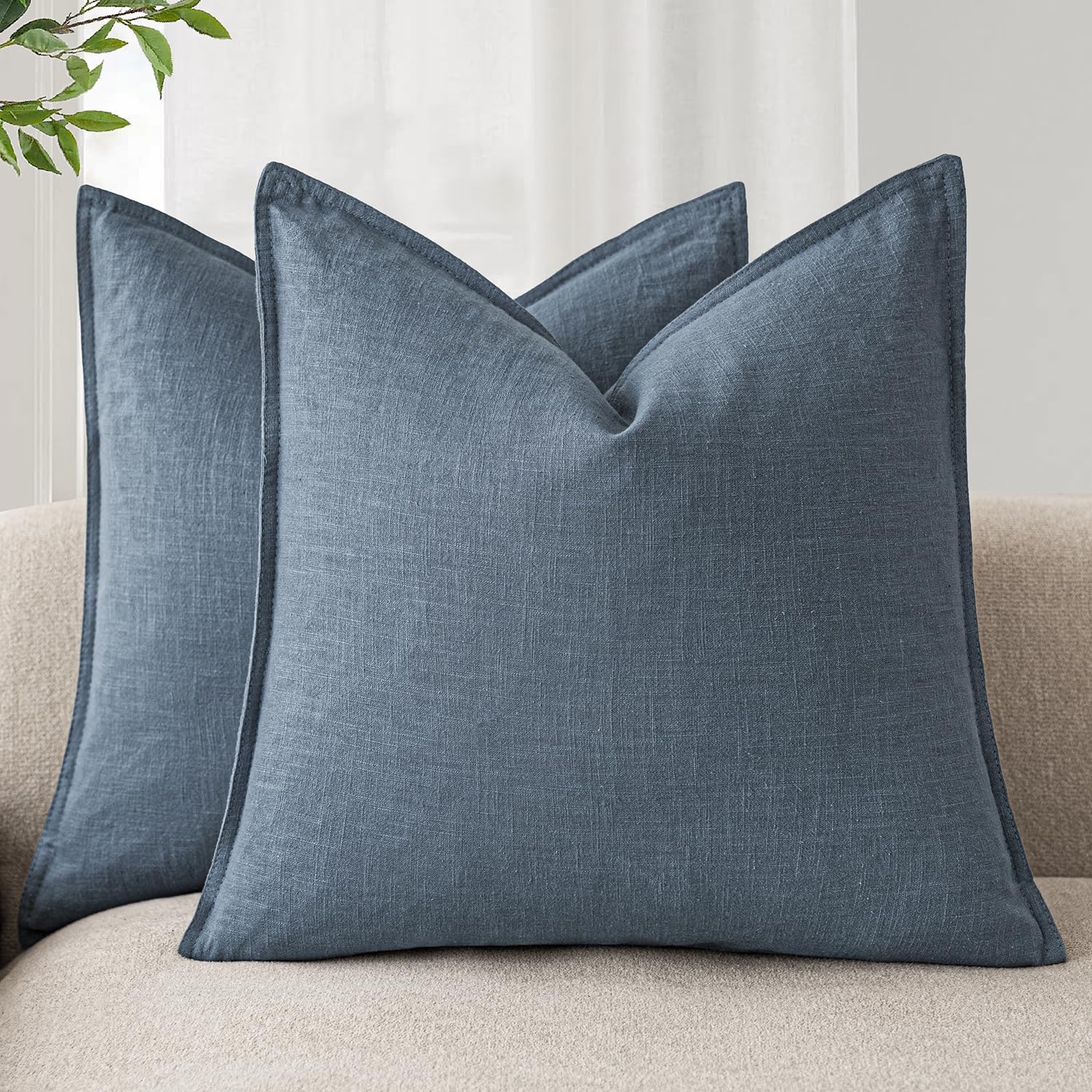 Foindtower Set of 2, Decorative Linen Soild Throw Pillow Covers Soft Accent Cushion Euro Case Boho Farmhouse Pillowcase for Chair Couch Sofa Bedroom Living Room Home Decor 20 x 20 Inch Natural Linen