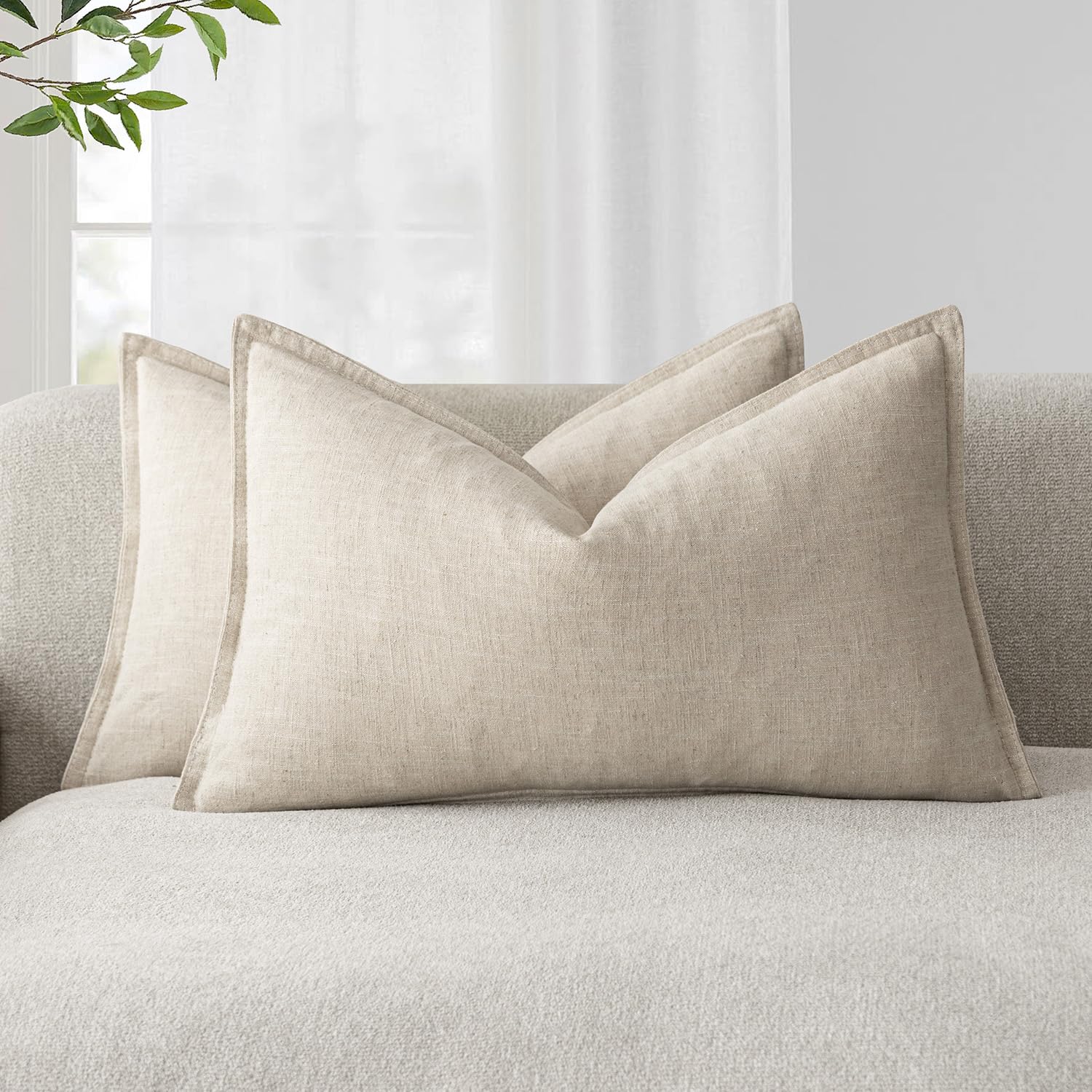 Foindtower Set of 2, Decorative Linen Soild Throw Pillow Covers Soft Accent Cushion Euro Case Boho Farmhouse Pillowcase for Chair Couch Sofa Bedroom Living Room Home Decor 20 x 20 Inch Natural Linen