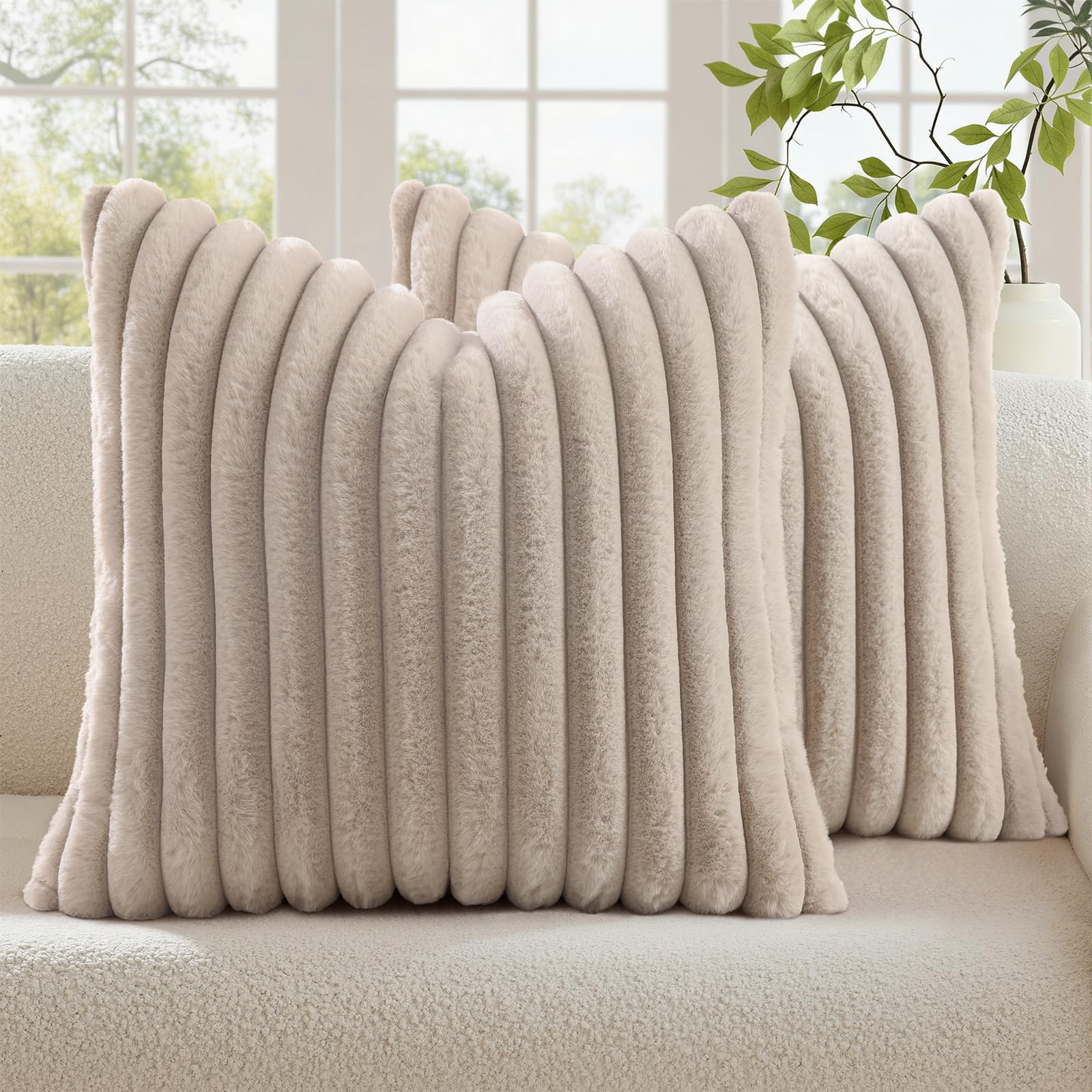 decorUhome Cozy Faux Fur Throw Pillow Covers 18x18 Set of 2 Decorative Soft Plush Striped Modern Farmhouse Boho Couch Pillow Cases with Velvet Back for Sofa Bed Living Room, Khaki Brown