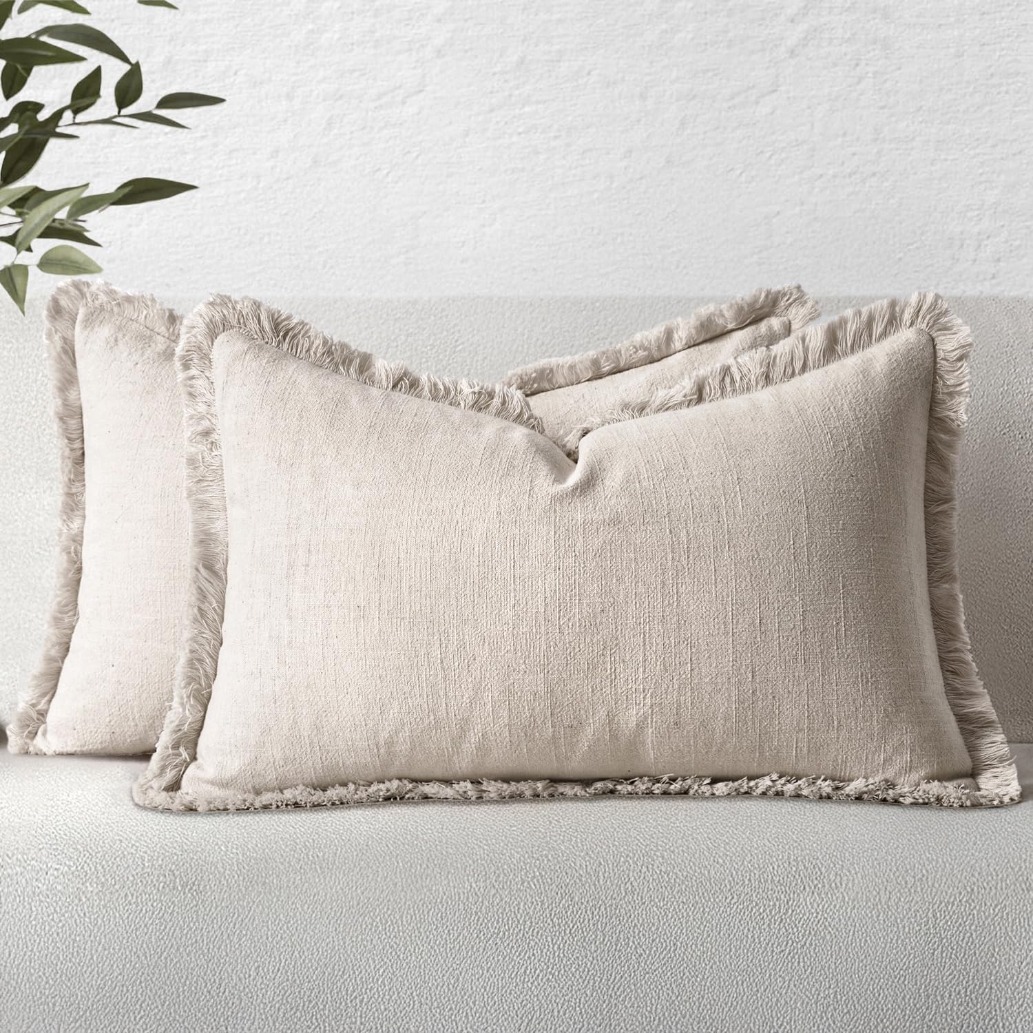 MIULEE Decorative Throw Pillow Covers Neutral Linen Fringe Throw Pillows Set of 2 Natural Beige Boho Farmhouse Cushion Covers with Tassels for Couch Sofa Bed Spring Home Decor 20x20 Inch