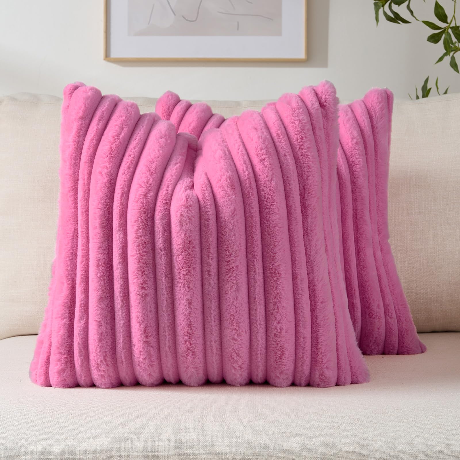 FUTEI Camel Decorative Throw Pillow Covers 18x18 Inch Set of 2,Soft Fluffy Faux Rabbit Fur Thick & Thin Striped Textured Cushion Case,Modern Home Decor for Couch Bed Living Room