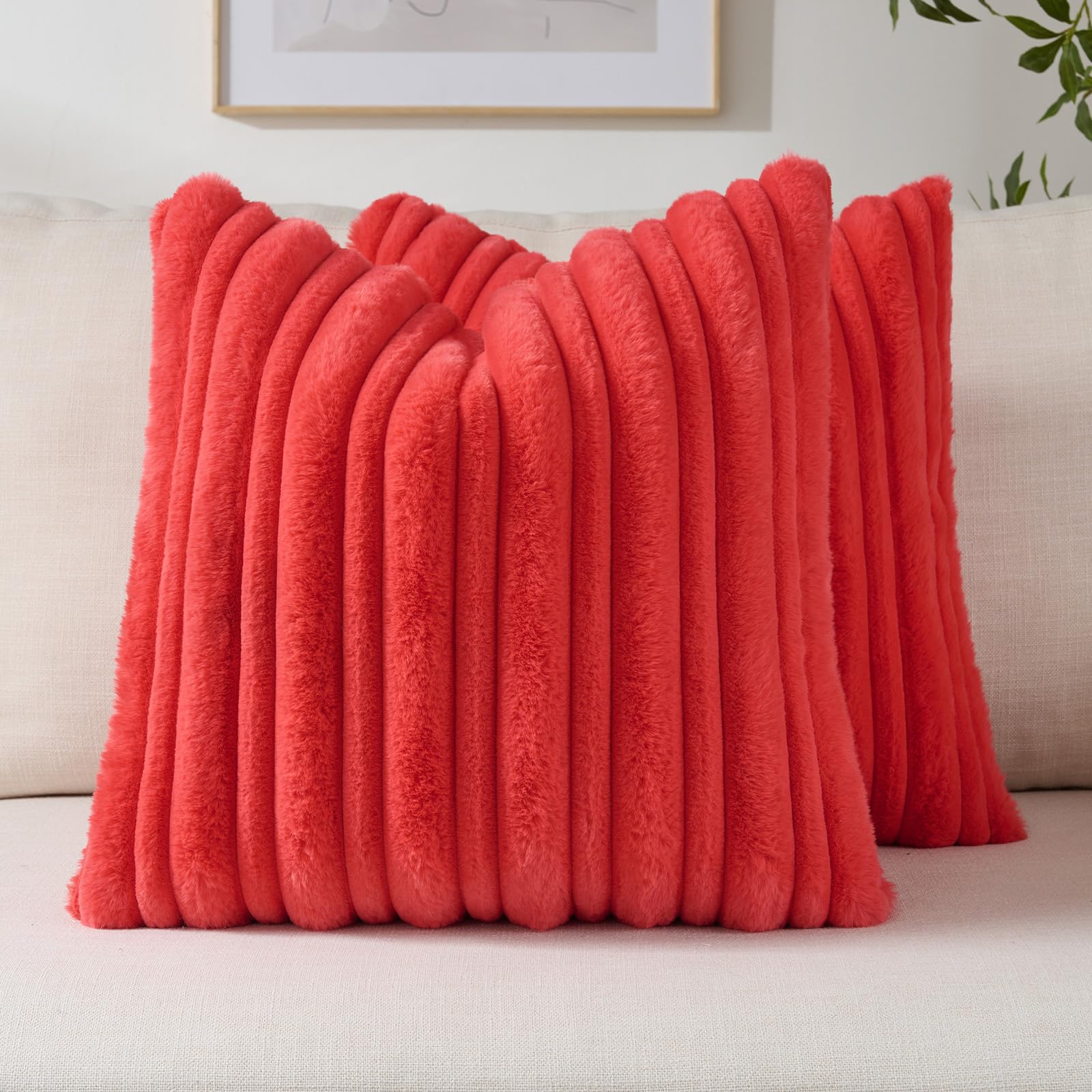 FUTEI Camel Decorative Throw Pillow Covers 18x18 Inch Set of 2,Soft Fluffy Faux Rabbit Fur Thick & Thin Striped Textured Cushion Case,Modern Home Decor for Couch Bed Living Room