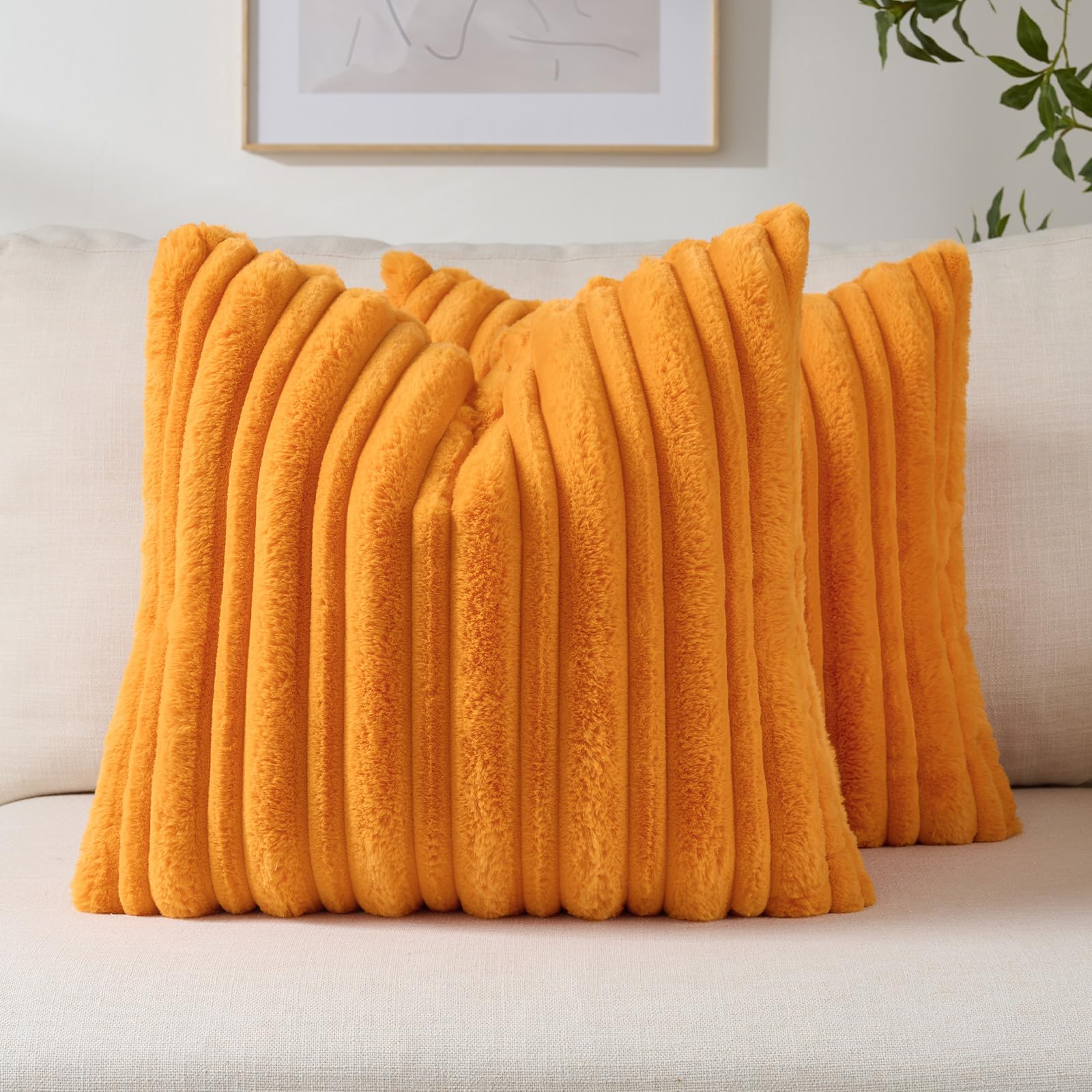 FUTEI Camel Decorative Throw Pillow Covers 18x18 Inch Set of 2,Soft Fluffy Faux Rabbit Fur Thick & Thin Striped Textured Cushion Case,Modern Home Decor for Couch Bed Living Room