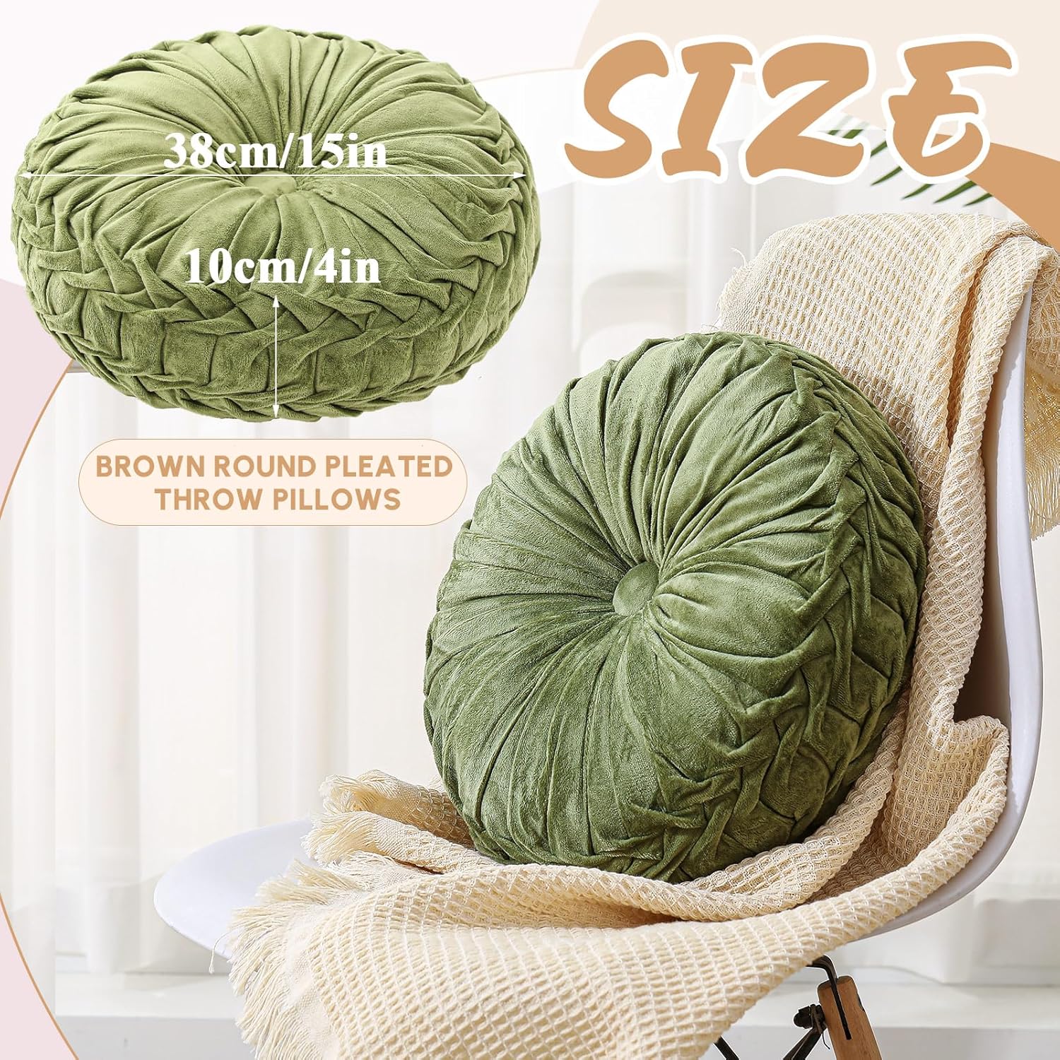 Drydiet 1 Pcs Round Throw Velvet Pillows Decorative Pleated Throw Pillows 15'' Diameter Accent Pumpkin Boho Chair Cushion for Couch Sofa Home Decoration (Olive Green)