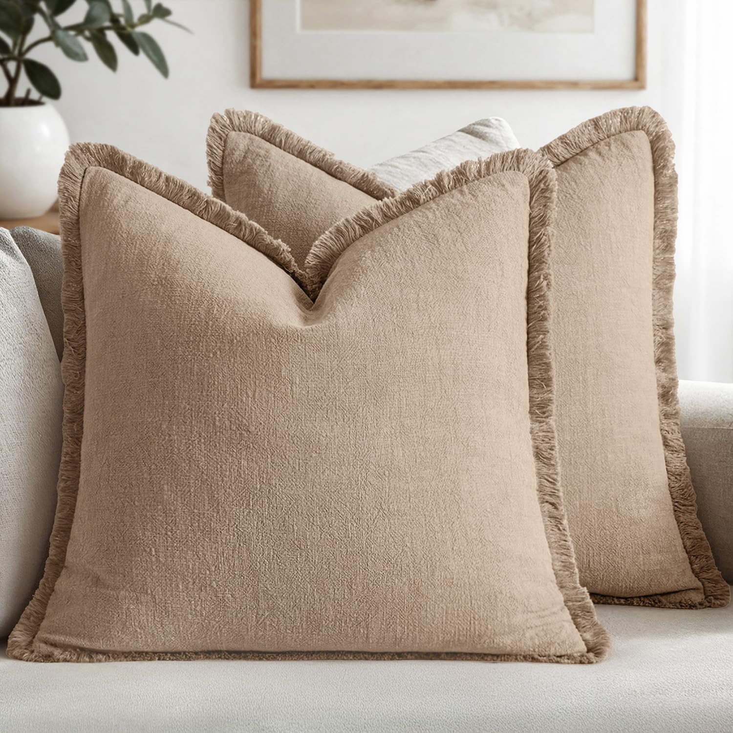 MIULEE Decorative Throw Pillow Covers Neutral Linen Fringe Throw Pillows Set of 2 Natural Beige Boho Farmhouse Cushion Covers with Tassels for Couch Sofa Bed Spring Home Decor 20x20 Inch