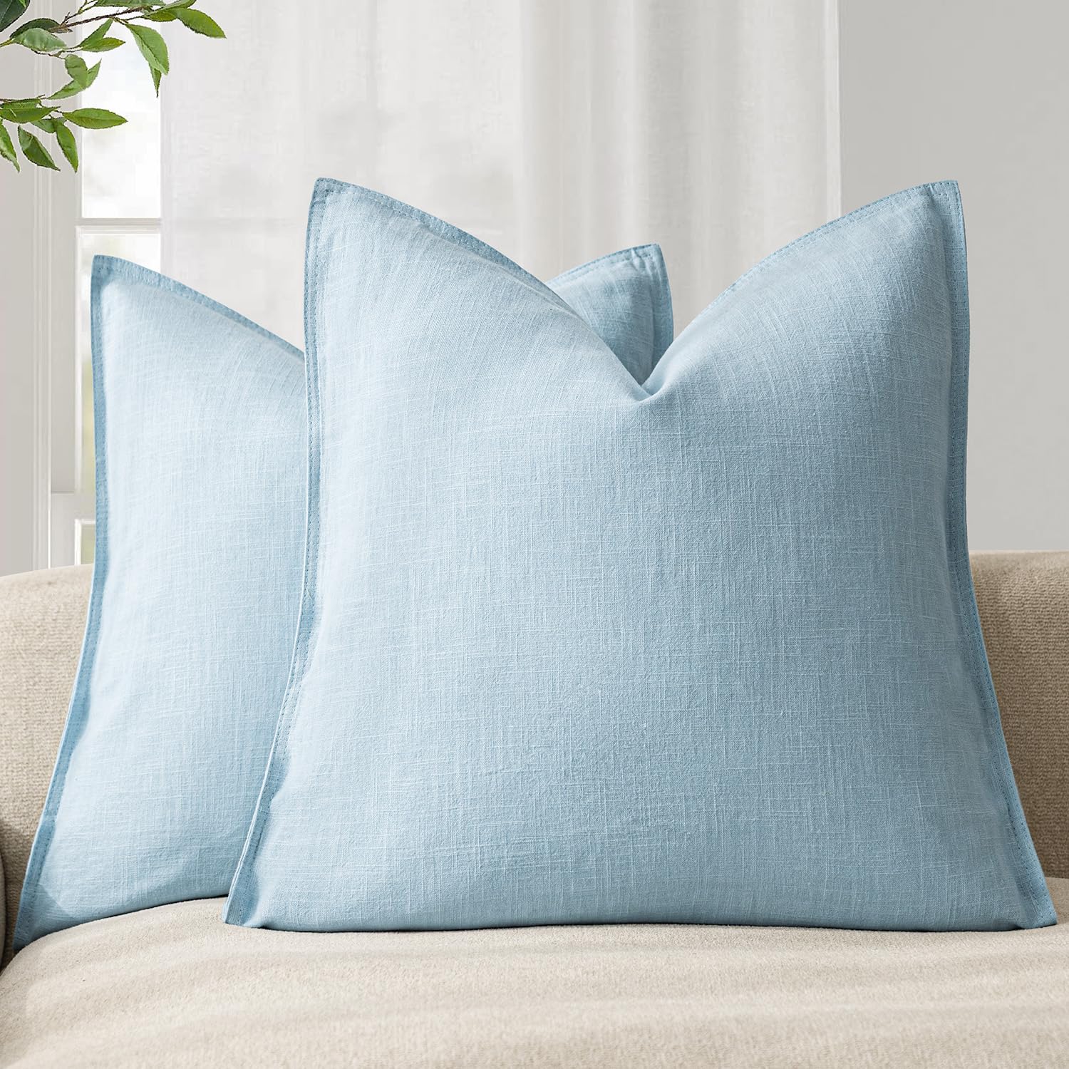Foindtower Set of 2, Decorative Linen Soild Throw Pillow Covers Soft Accent Cushion Euro Case Boho Farmhouse Pillowcase for Chair Couch Sofa Bedroom Living Room Home Decor 20 x 20 Inch Natural Linen