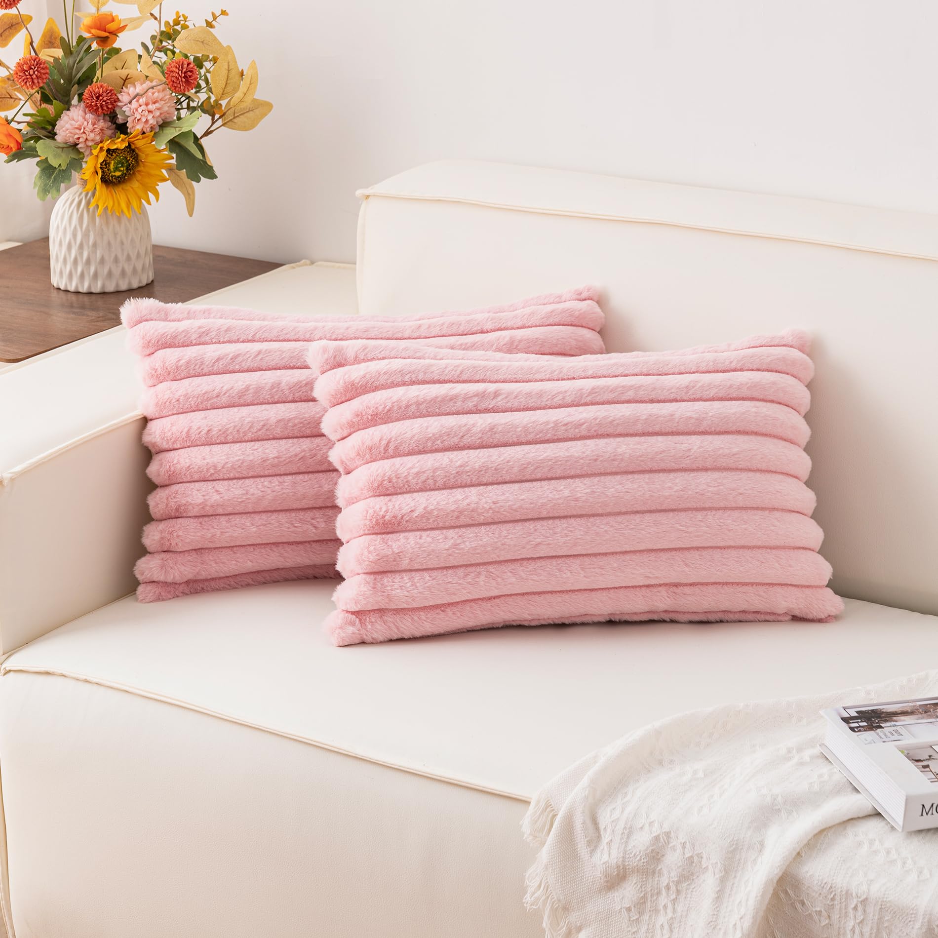 Aegero Pack of 2 Faux Fur Christmas Throw Pillow Covers 18x18 Inch, Soft Plush Striped Neutral Couch Pillow Cover, with Velvet Back Modern Home Decor for Sofa Living Room Couch Bed Cream White