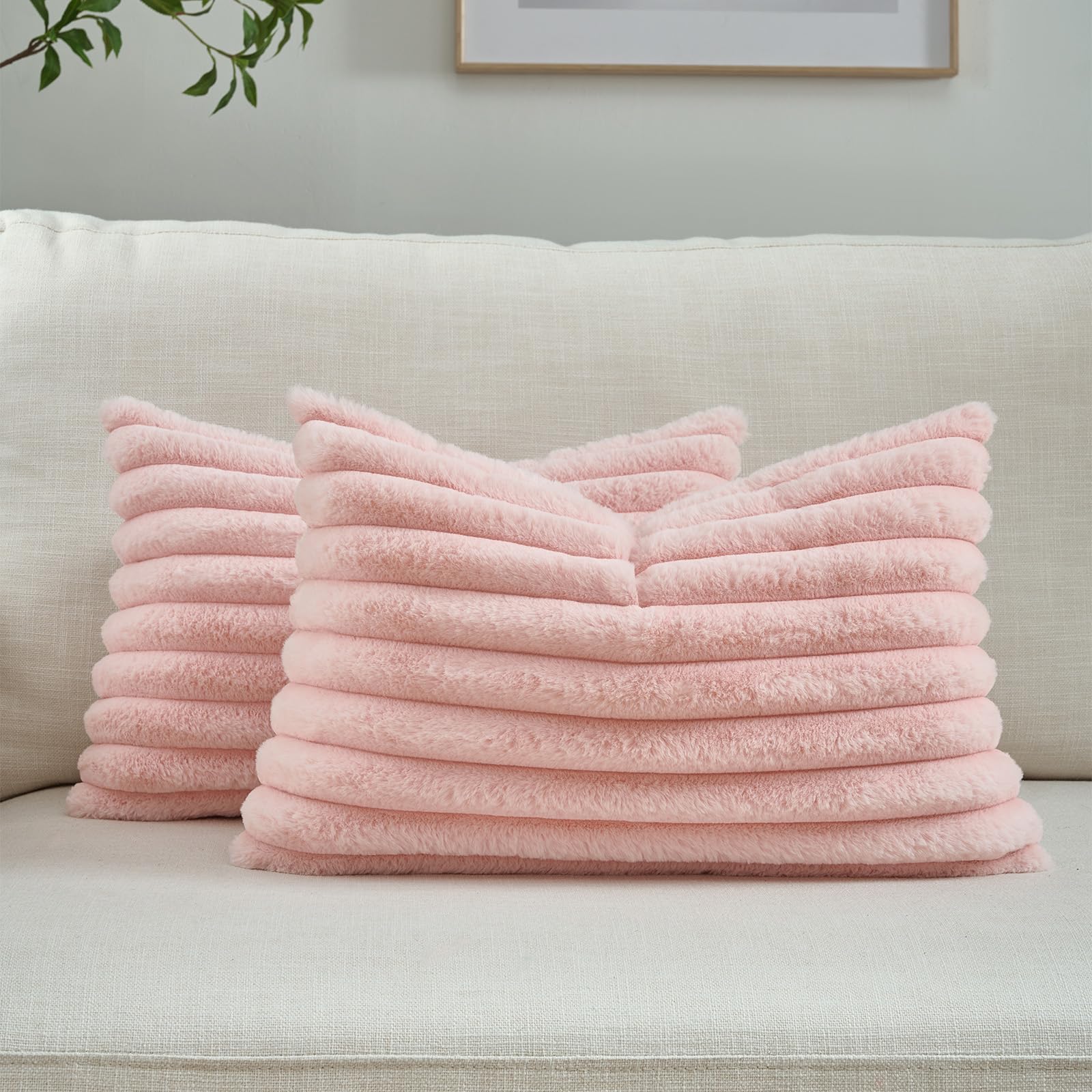 FUTEI Pack of 2 Solid Faux Fur Plush Throw Pillow Covers 18x18 Inch Soft Fluffy Striped Decorative Cushion Cases Modern Farmhouse Accent for Couch Bed Living Room, Cream White