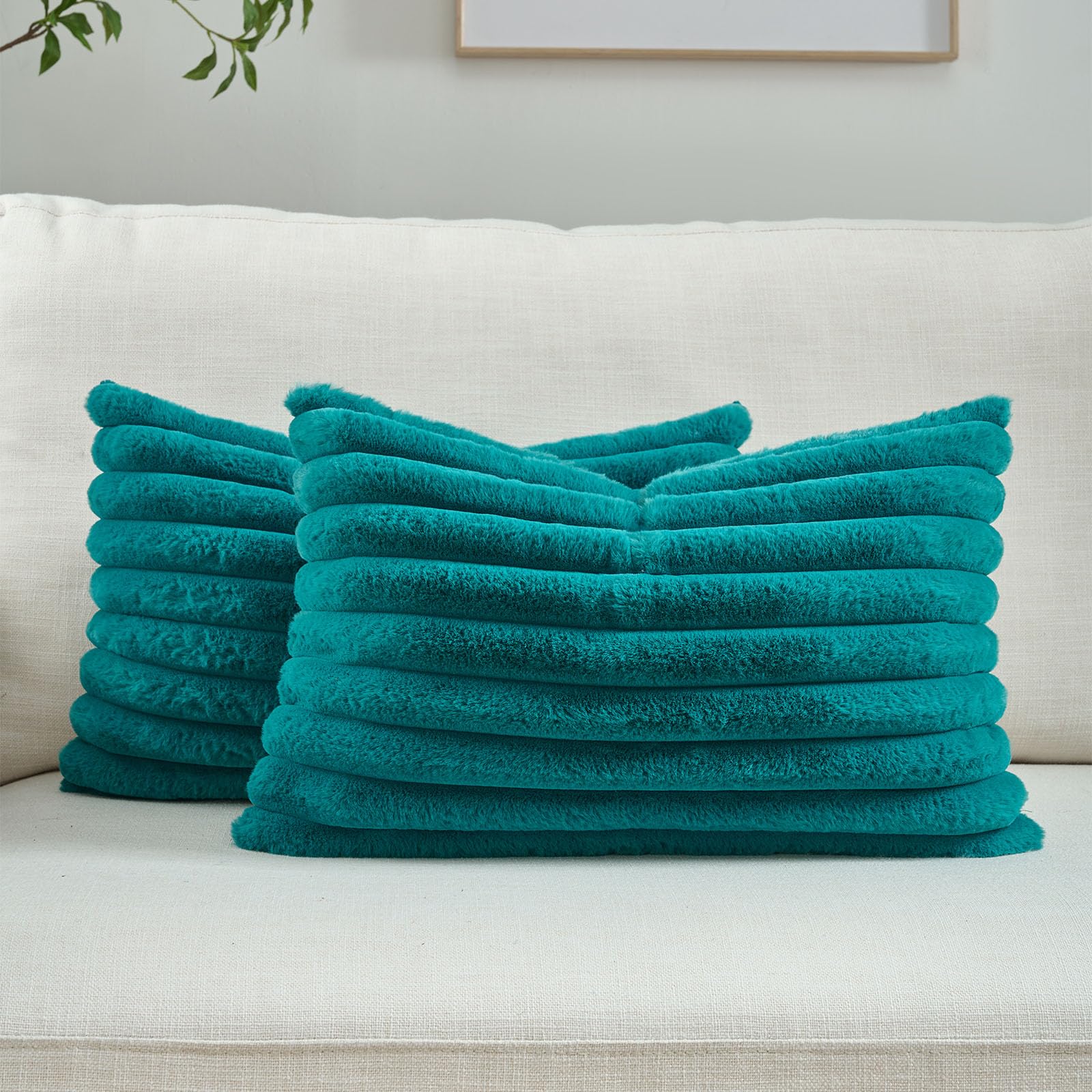 FUTEI Pack of 2 Solid Faux Fur Plush Throw Pillow Covers 18x18 Inch Soft Fluffy Striped Decorative Cushion Cases Modern Farmhouse Accent for Couch Bed Living Room, Cream White