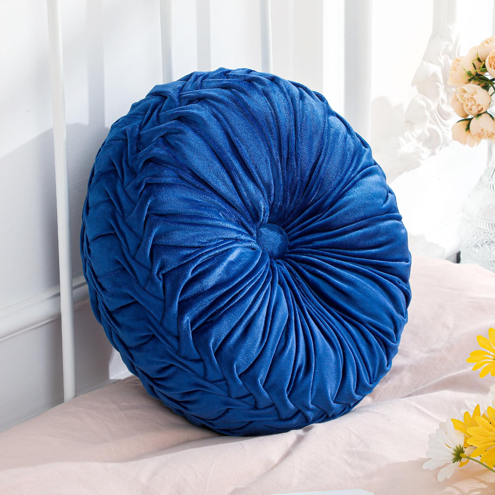 Drydiet 1 Pcs Round Throw Velvet Pillows Decorative Pleated Throw Pillows 15'' Diameter Accent Pumpkin Boho Chair Cushion for Couch Sofa Home Decoration (Olive Green)