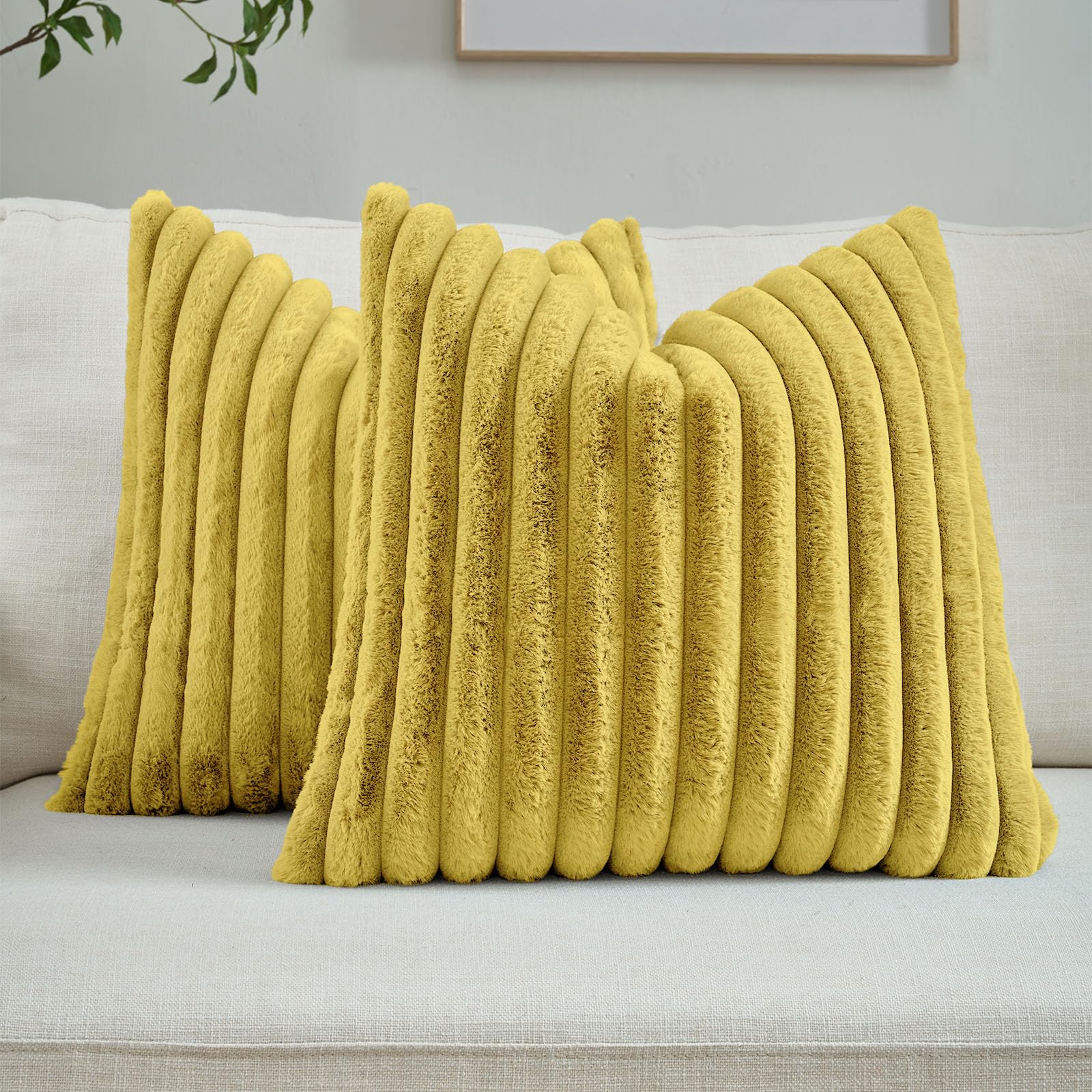 FUTEI Pack of 2 Solid Faux Fur Plush Throw Pillow Covers 18x18 Inch Soft Fluffy Striped Decorative Cushion Cases Modern Farmhouse Accent for Couch Bed Living Room, Cream White