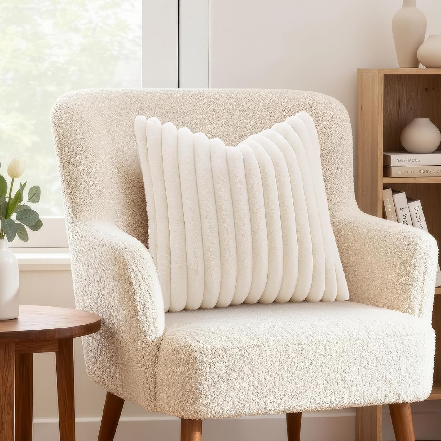 decorUhome Summer Cozy Faux Fur Throw Pillow Covers 18x18 Set of 2 Decorative Soft Plush Striped Modern Farmhouse Boho Couch Pillow Cases with Velvet Back for Sofa Bed Living Room, Cream White