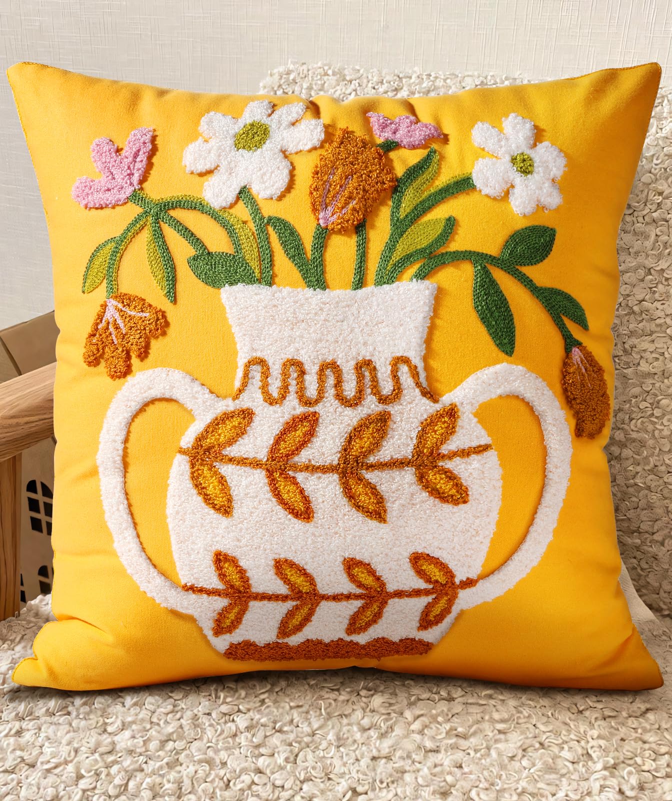 Embroidered Throw Pillow Cover - 18x18 Decorative Pillow Cover with Zipper Aesthetic Cute Design Boho Spring Summer Cozy Throw Pillowcase for Living Room Couch Sofa Bed, Plants