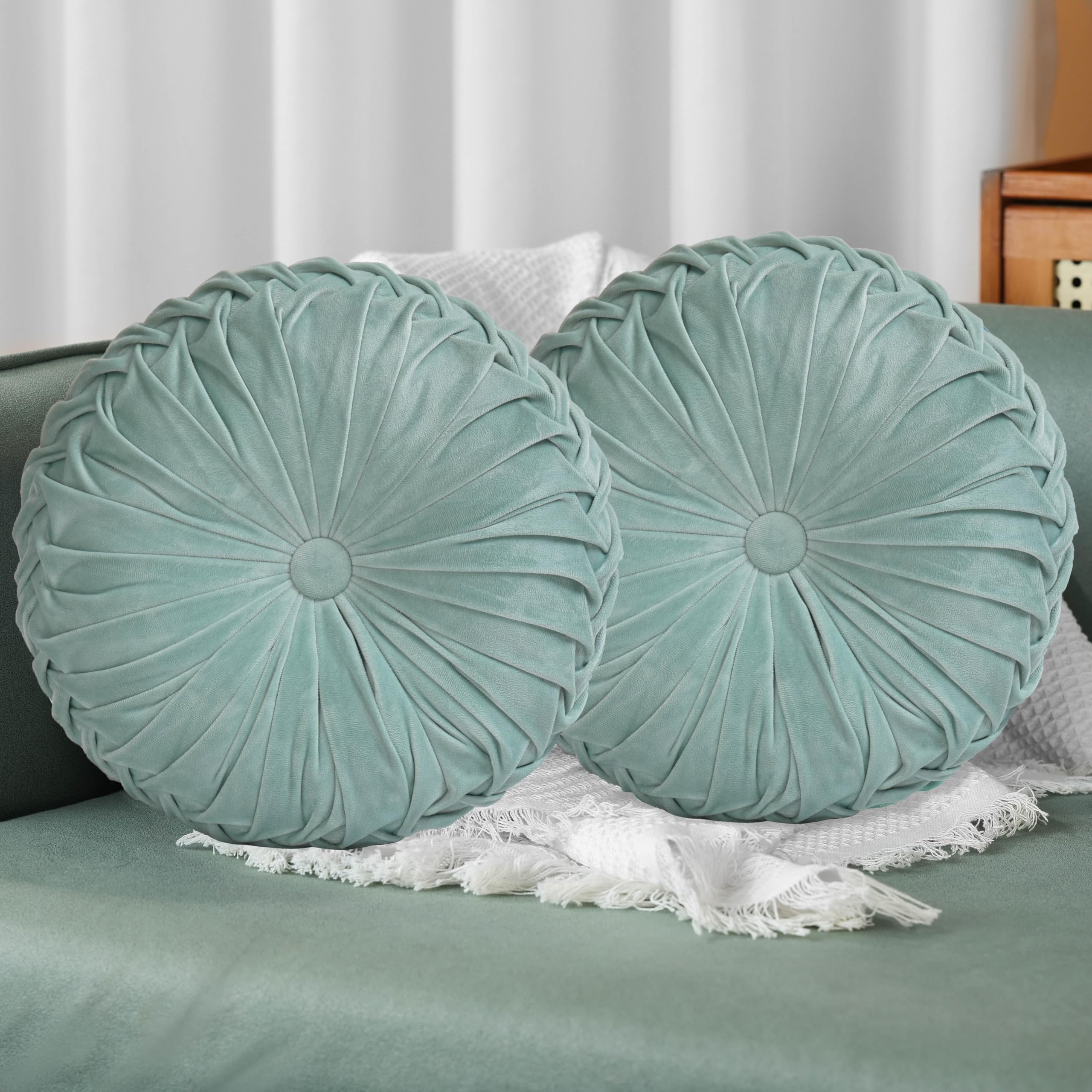 HIG Set of 2 Decorative Round Pleated Throw Pillows, Classy Accent Pumpkin Throw Pillows with Center Button, Vintage Velvet Floor Pillows for Sofa Couch Vanity Chair Bed, Olive, 14.5" Diameter(Ripple)