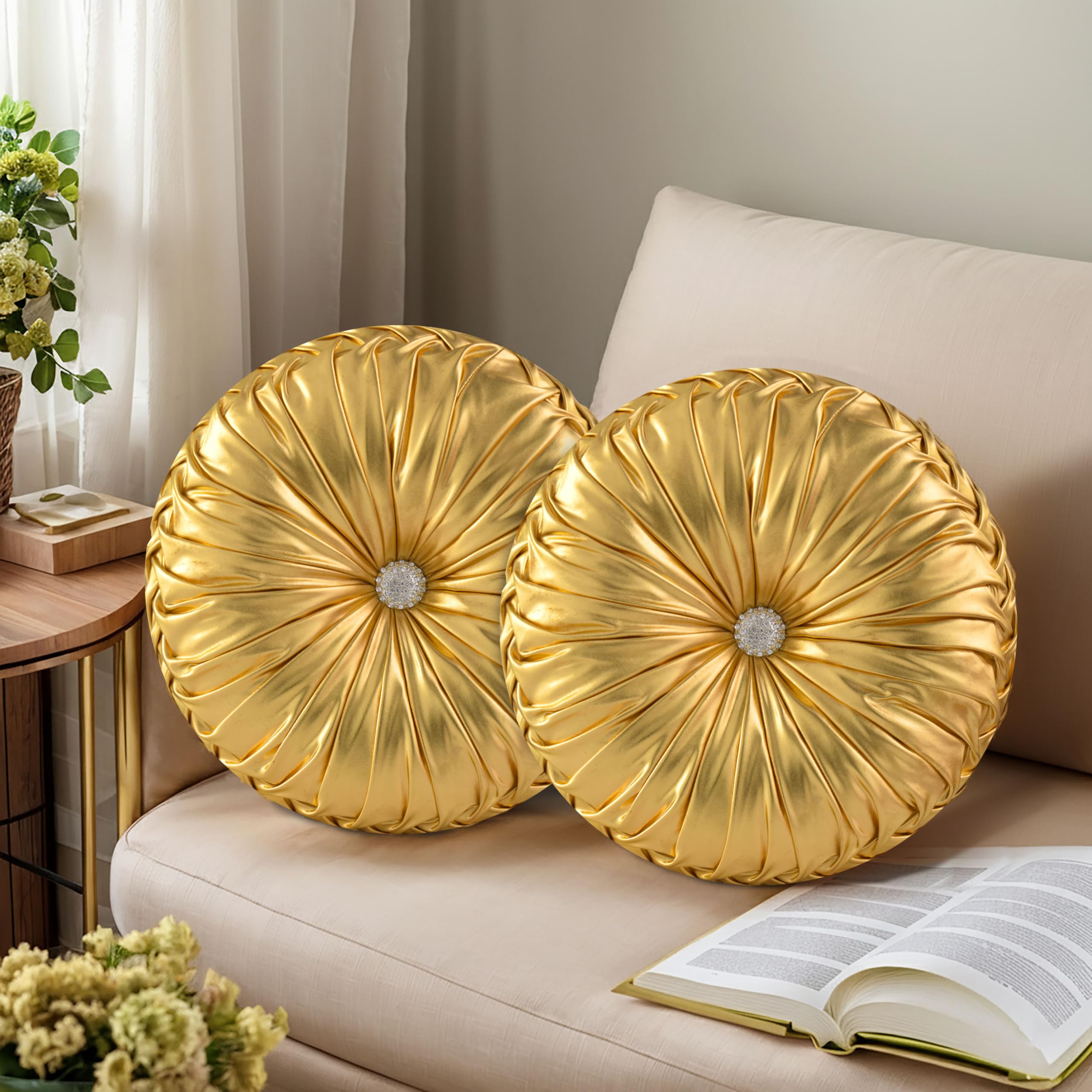 HIG Set of 2 Yellow Ruched Velvet Round Throw Pillows – 14.5’’ Decorative Pillows with Soft Polyester Filling for Couch, Bed, Living Room, Bedroom, or Dorm – Handmade, Stress Relieving, All-Season
