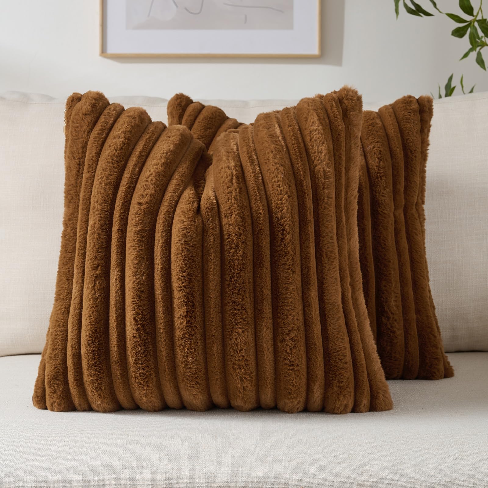 FUTEI Camel Decorative Throw Pillow Covers 18x18 Inch Set of 2,Soft Fluffy Faux Rabbit Fur Thick & Thin Striped Textured Cushion Case,Modern Home Decor for Couch Bed Living Room