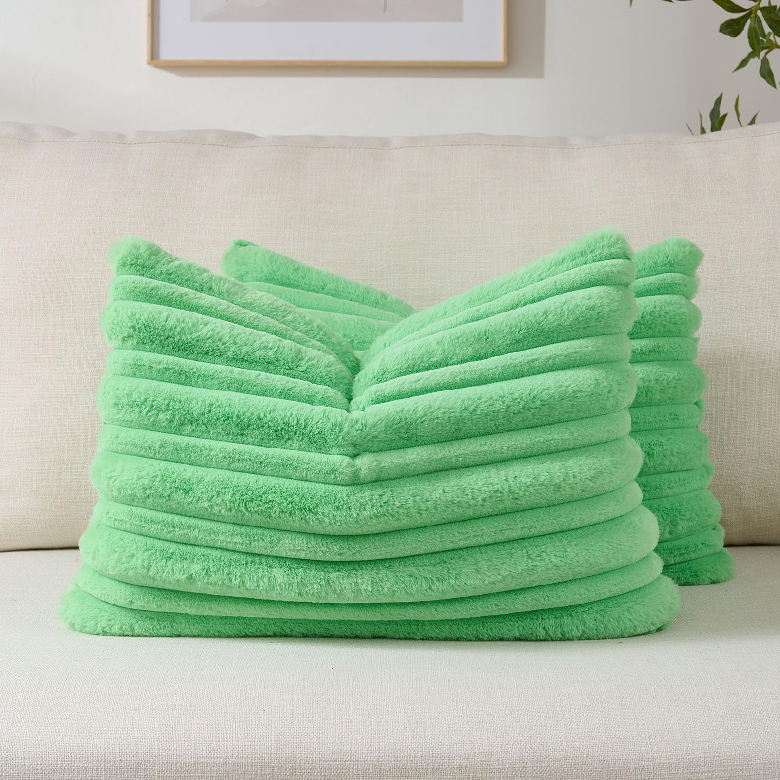 FUTEI Camel Decorative Throw Pillow Covers 18x18 Inch Set of 2,Soft Fluffy Faux Rabbit Fur Thick & Thin Striped Textured Cushion Case,Modern Home Decor for Couch Bed Living Room