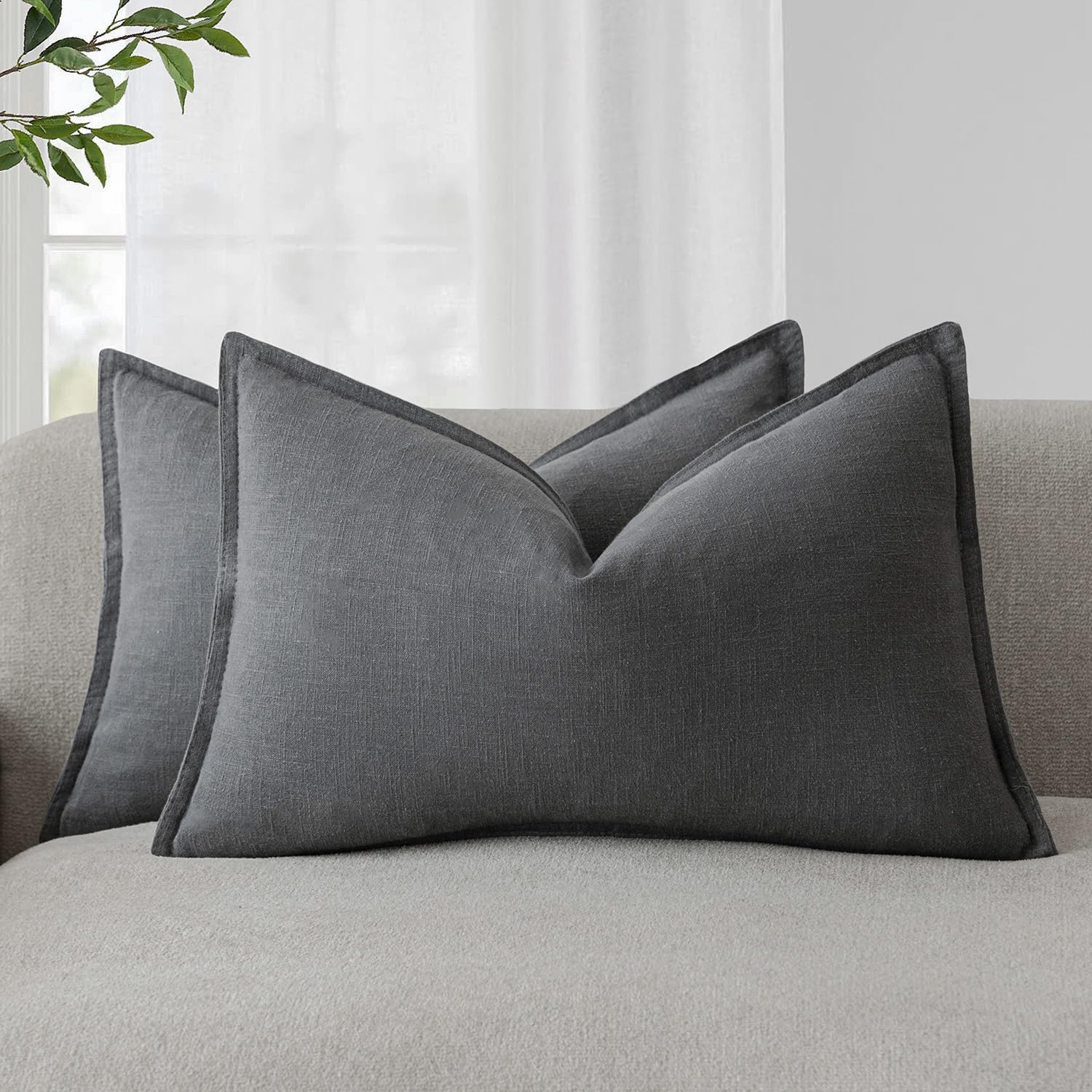 Foindtower Set of 2, Decorative Linen Soild Throw Pillow Covers Soft Accent Cushion Euro Case Boho Farmhouse Pillowcase for Chair Couch Sofa Bedroom Living Room Home Decor 20 x 20 Inch Natural Linen