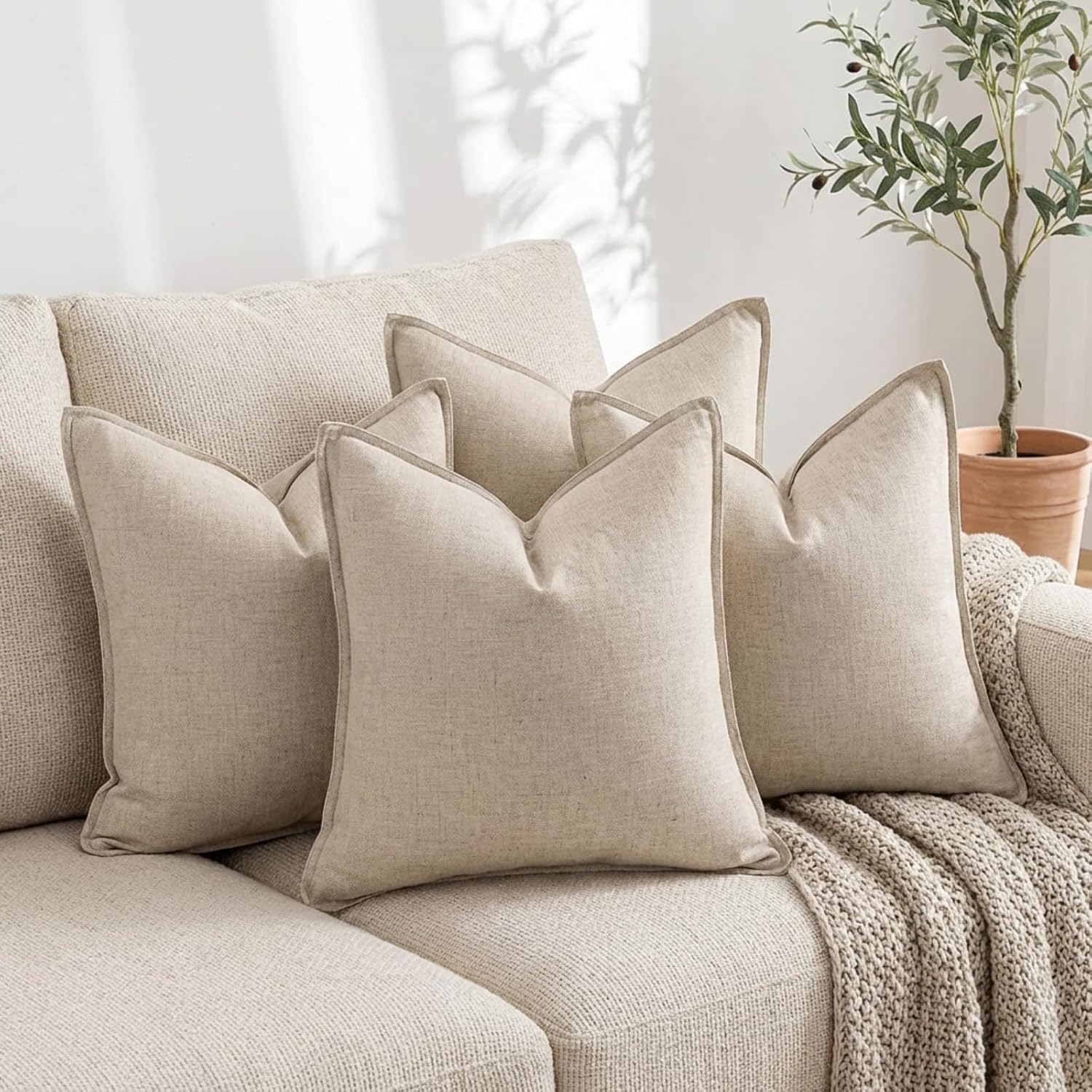 4 Pack 20x20 Inch Linen Pillow Covers Decorative Neutral Linen Throw Pillows Cases, Soft Rustic Cushions Boho Farmhouse Pillowcases for Bed Sofa Living Room Spring Decor(Beige)