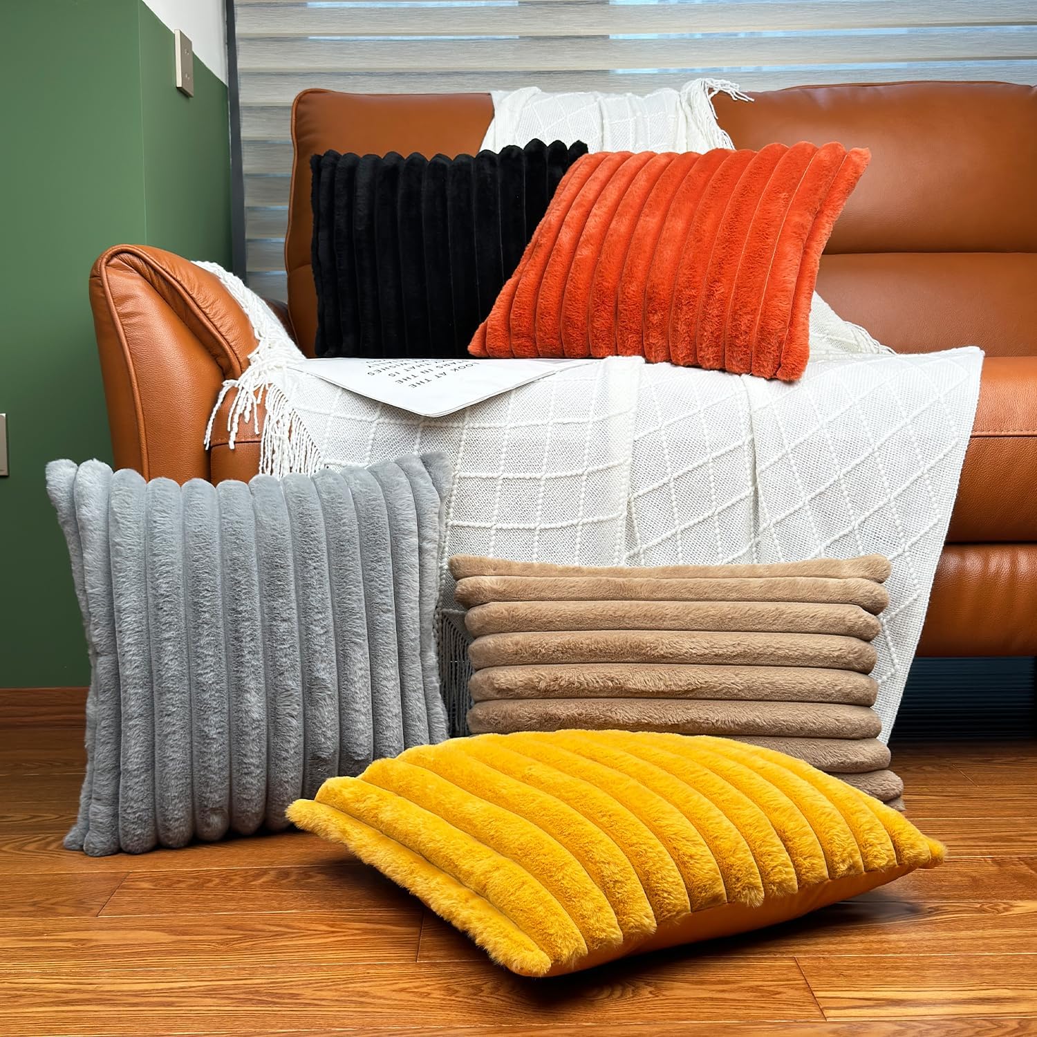 18x18 Throw Pillow Covers Set of 2, Decorative Faux Fur Covers for Bed, Couch Soft Fluffy Pillow Cover with Velvet Back for Living Room, Neutral Home Décor Accent for Sofa - Black