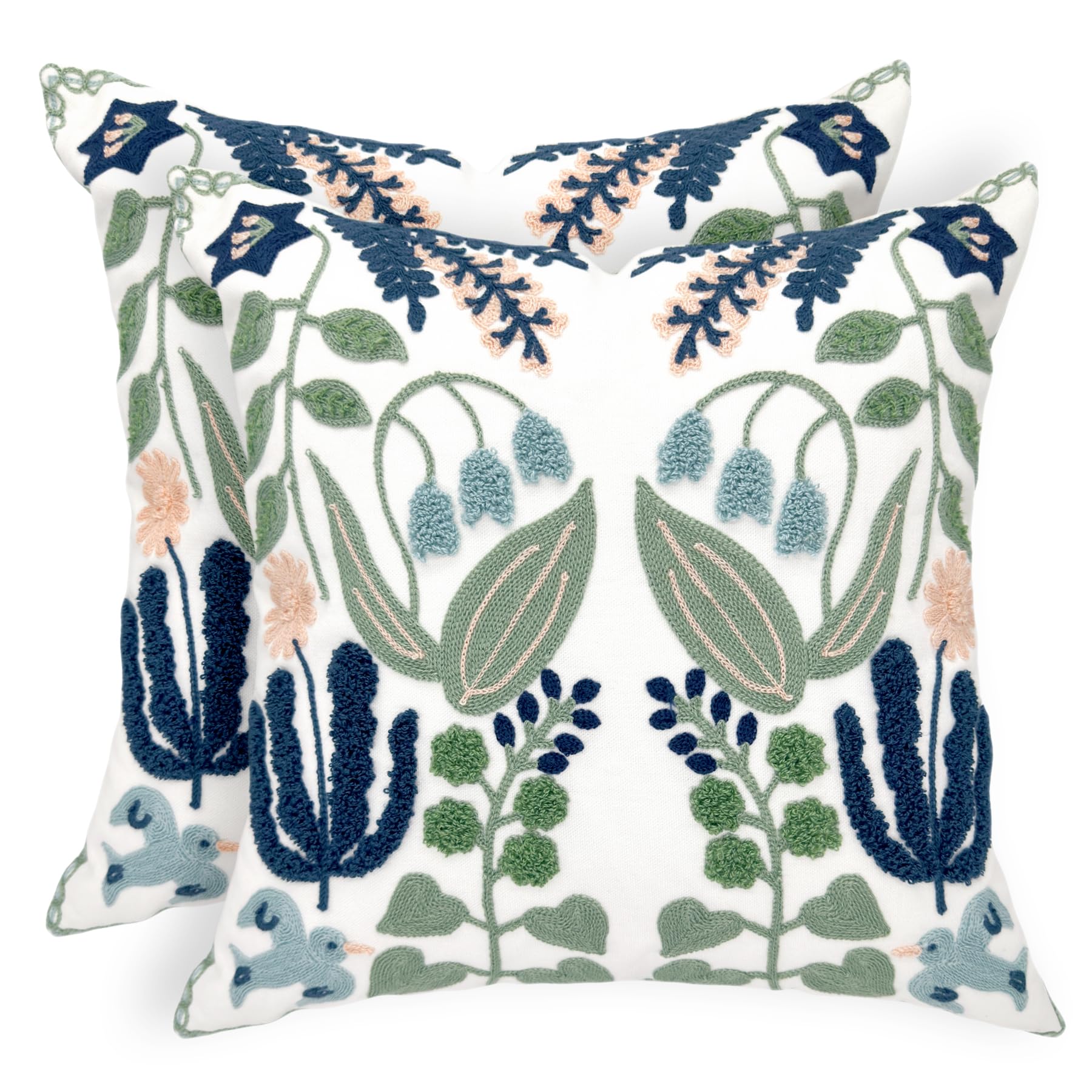 Alysheer Summer Floral Embroidered Decorative Throw Pillow Cover 12"x 20", Farmhouse Blue Flowers Green Leaves Patterned Cotton Canvas Lumbar Cushion Case for Sofa Couch Living Room Cottage Decor